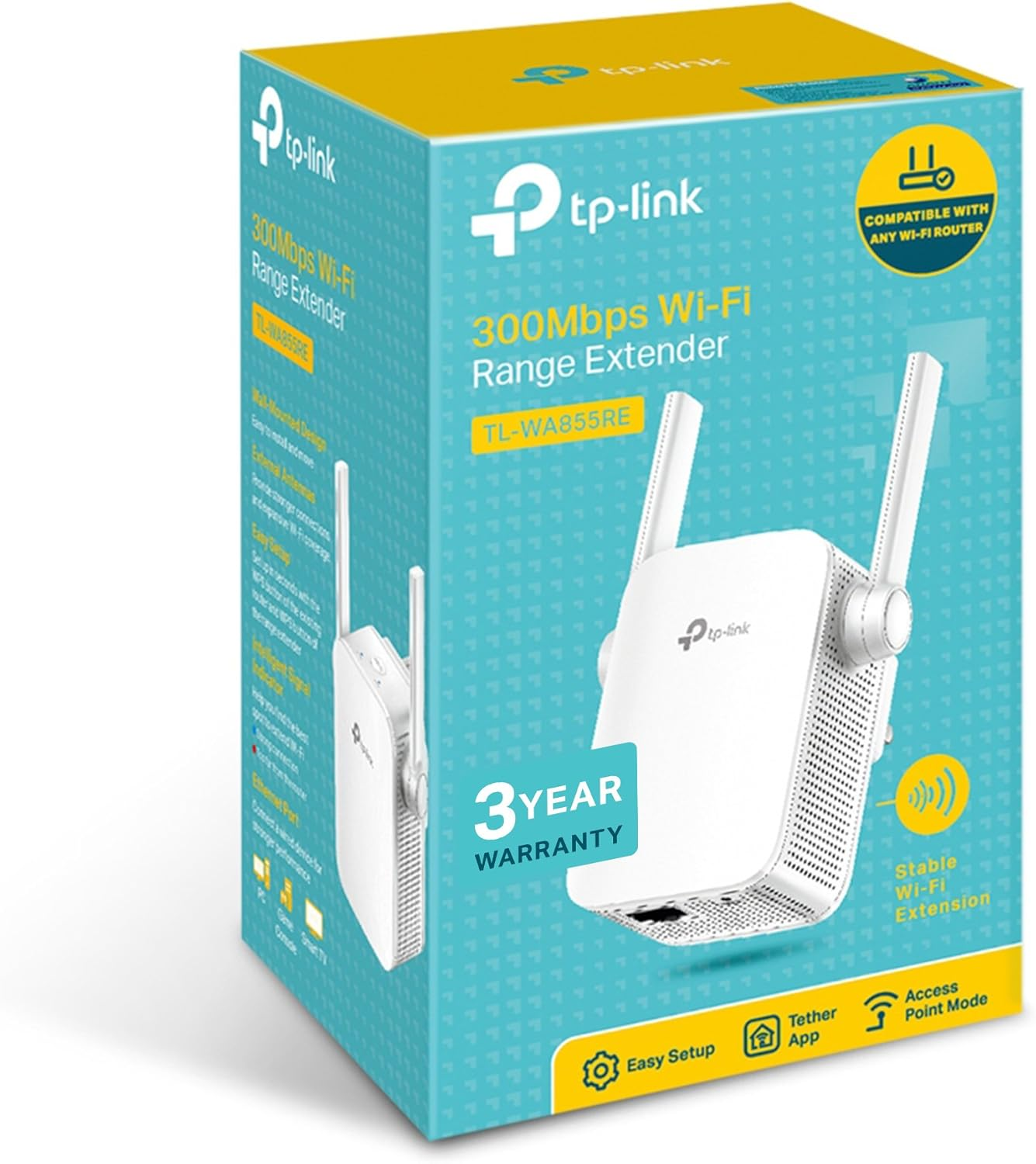 Tp-Link N300 Universal Range Extender, Broadband/Wi-Fi Extender, Wi-Fi Booster/Hotspot with 1 Ethernet Port and 2 External Antennas, Plug and Play, Built-In Access Point Mode, UK Plug (TL-WA855RE) (UK Version)