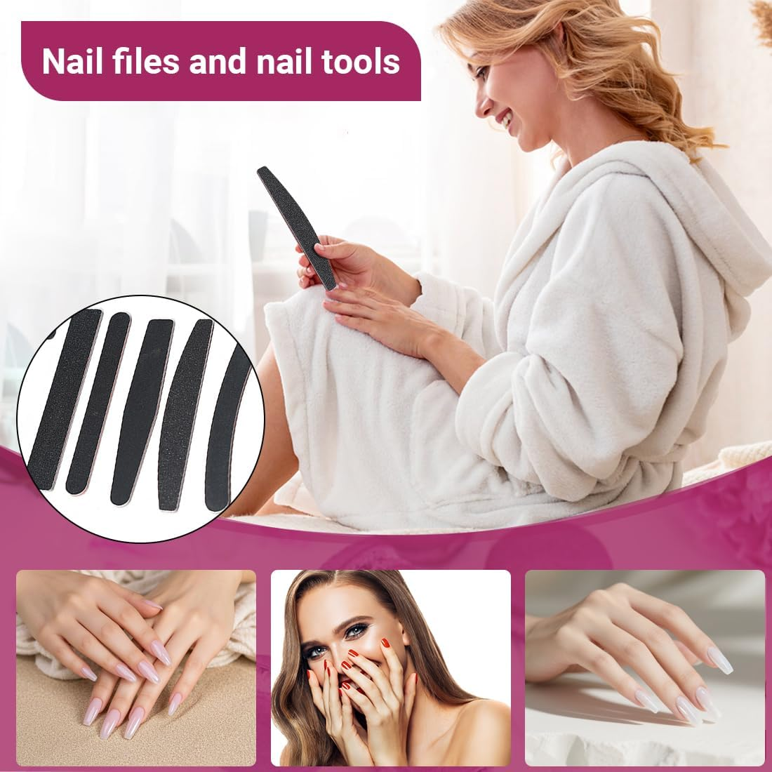 Pack of 5 Nail Files for Gel Nails, 100/180 Grit, Nail File, Double-Sided Nail Files, Professional Nail Files, Curved, for Nail Care and Styling image number 2