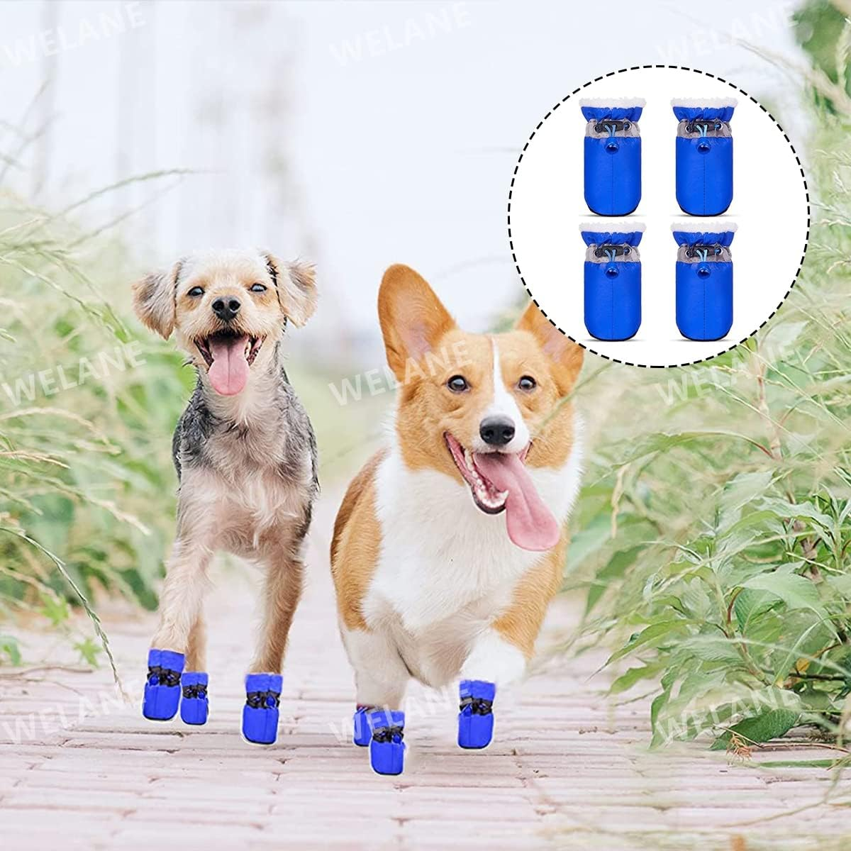 WELANE Winter Dog Boots, 4 PCS Adjustable Winter Paw Protectors for Puppy -Waterproof, Non-Slip, Warm (Blue) image number 1