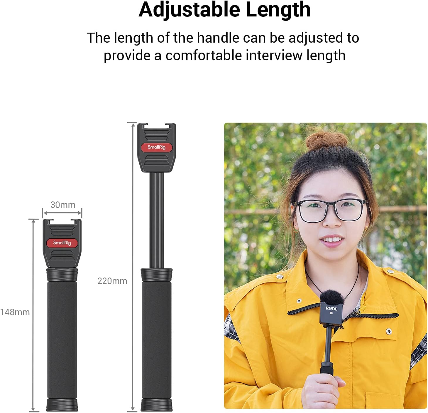Smallrig Interview Microphone Handle, Stretchable Mic Handle for RODE Wireless Go, for DJI Mic, for Hollyland Lark 150, for Synco G1/A2 and Other Wireless Lavalier Microphones with Cold Shoe 3182