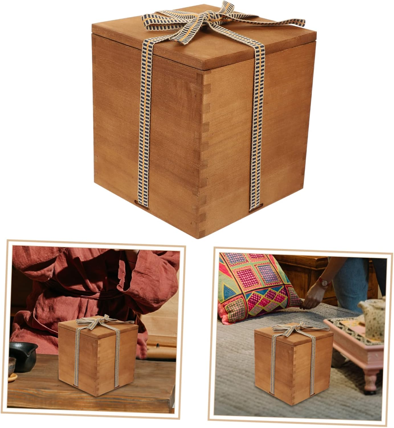 Vintage Wooden Box for Ceramic Vase and Teacup Storage, Square Multi-Function Sundries Case with Packaging, Suitable for Wedding and Home Decoration image number 4