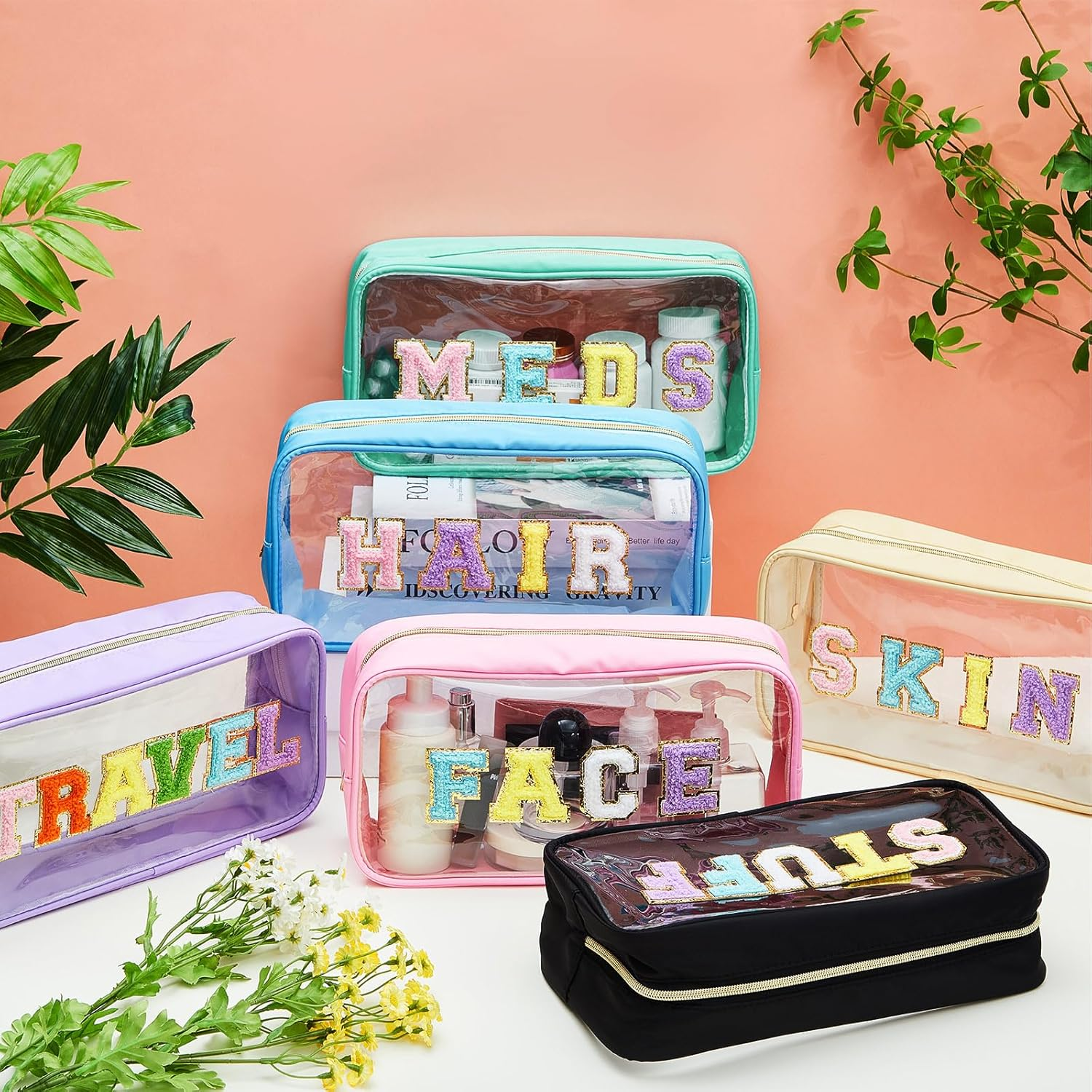 Abbylike 6 Pcs Large Chenille Letter Cosmetic Bag Preppy Patch PVC Nylon Makeup Bag Portable Glitter Clear Cosmetic Bags with Zipper Travel Toiletry Storage Stuff Pouch for Women, as Shown in Pictures, Classic image number 2