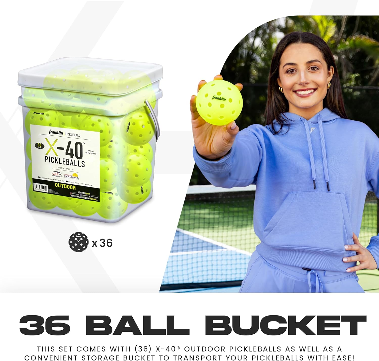 Franklin Sports Pickleball Balls - USA Pickleball (USAPA) Approved - Official US Open Ball - 3 Packs, 12 Packs, 36 Buckets, 100 + 400 Bulk Packs image number 2