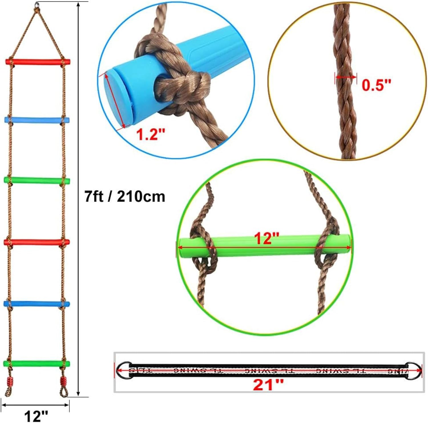 6.6Ft Climbing Rope Ladder for Kids, Tree Swing with Hanging Strap Kids Disc for Indoor Play Set and Outdoor Tree House,Playground Swing Seat Set image number 5