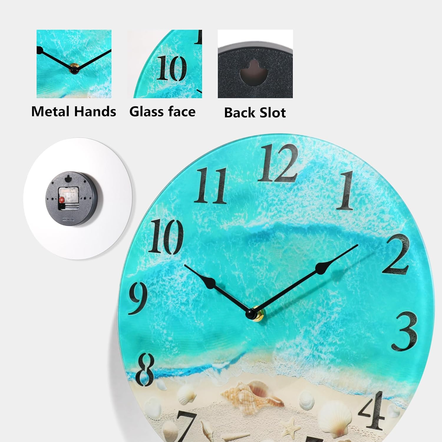 Coastal Nautical Glass Wall Clock with Seashell Design and Aesthetic Beach Theme - Battery Operated Silent Wall Decor for Home, Kitchen, Living Room, Office, Bedroom, or Bathroom (14 Inch,Teal) image number 3