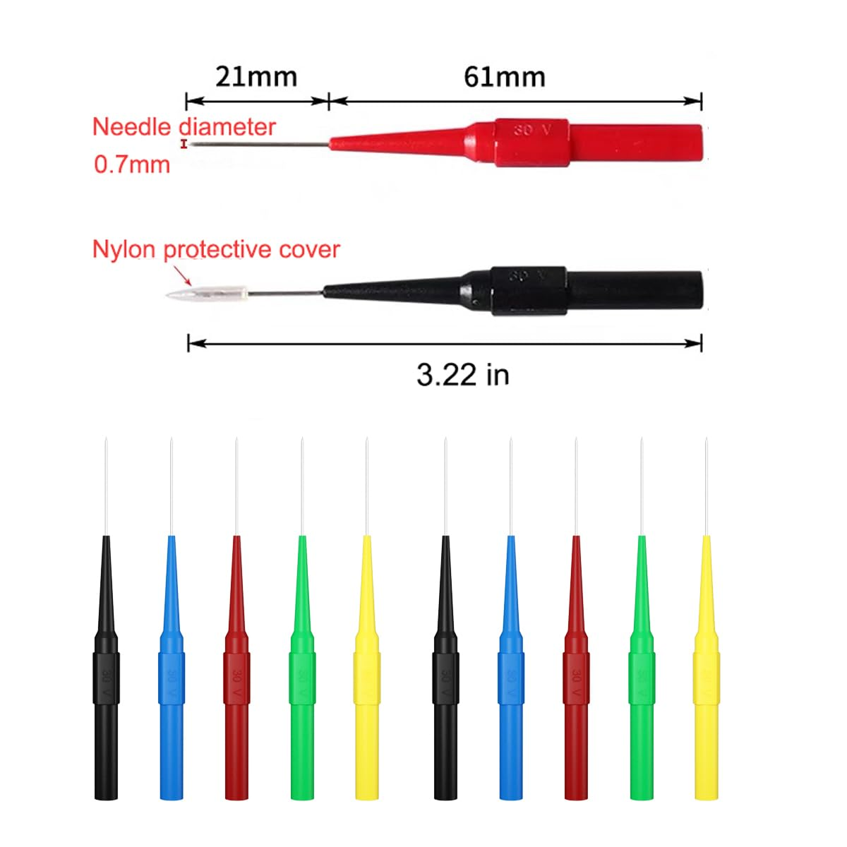 10PCS 0.7Mm Test Probe Pins, Non-Destructive Insulation Wire Piercing Needle, Stainless Steel Back Probe Pins, Tip Multimeter Probes for Banana Socket Plug, Car Tester (5 Color) image number 4