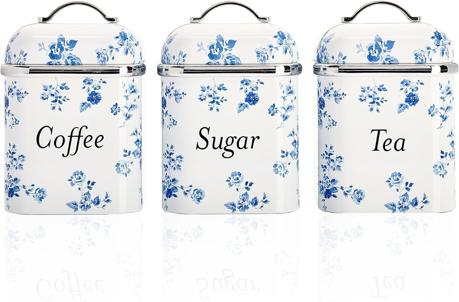 Laura Ashley Tea Coffee Sugar Canisters Set of 3 by VQ - Easy to Clean Stainless Steel Containers with Lid - Stylish Printed Kitchen Storage & Organisation Containers - Elveden Navy