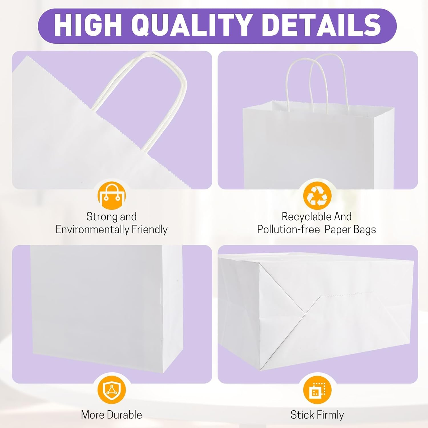 Neulsun 100Pack White Paper Bags 21X11X27 Cm, Plain Medium Paper Bags with Handles Bulk, Kraft Paper Gift, Retail, Party, Shopping Bag, Favor Bag image number 3