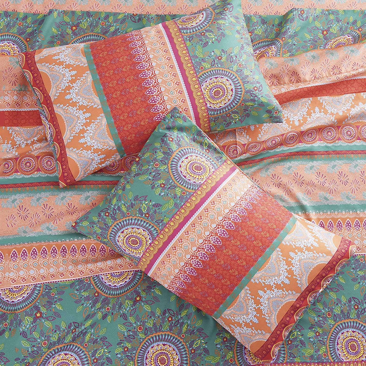 Wake in Cloud - Boho Bed Sheets Set, Soft Microfiber Bohemian Mandala Pattern Printed Bedding, Extra Deep Fitted Sheet & Flat Sheet & 2 Pillowcases, 4 Pieces, Orange Coral, Queen Size