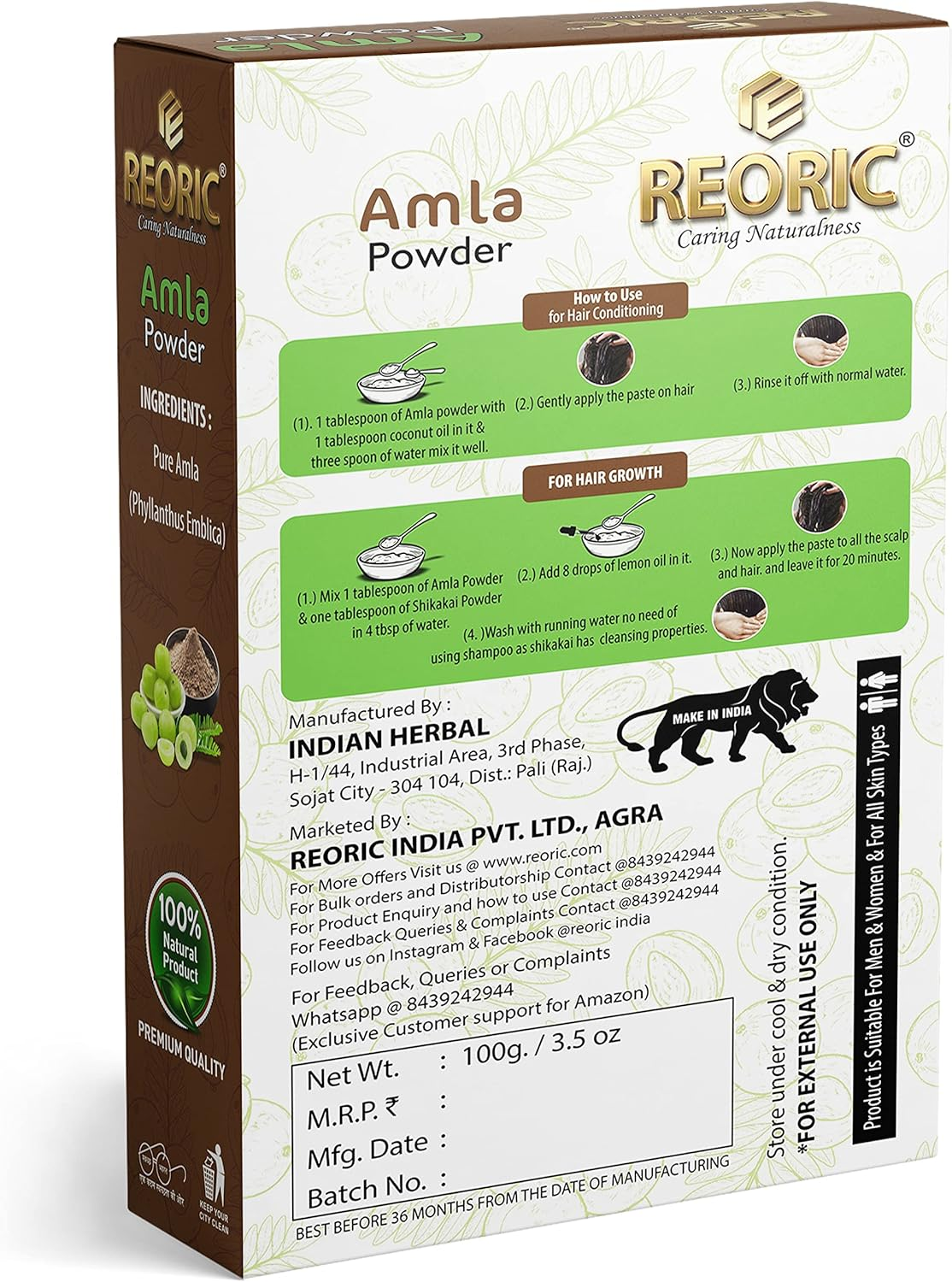 Reoric Amla Powder and Bhringraj Powder |Amla Powder |Indian Gooseberry Powder |Bhringraj Powder for Hair Growth |Eclipta Alba |Natural Hair Powder(200G, Pack of 2) image number 2