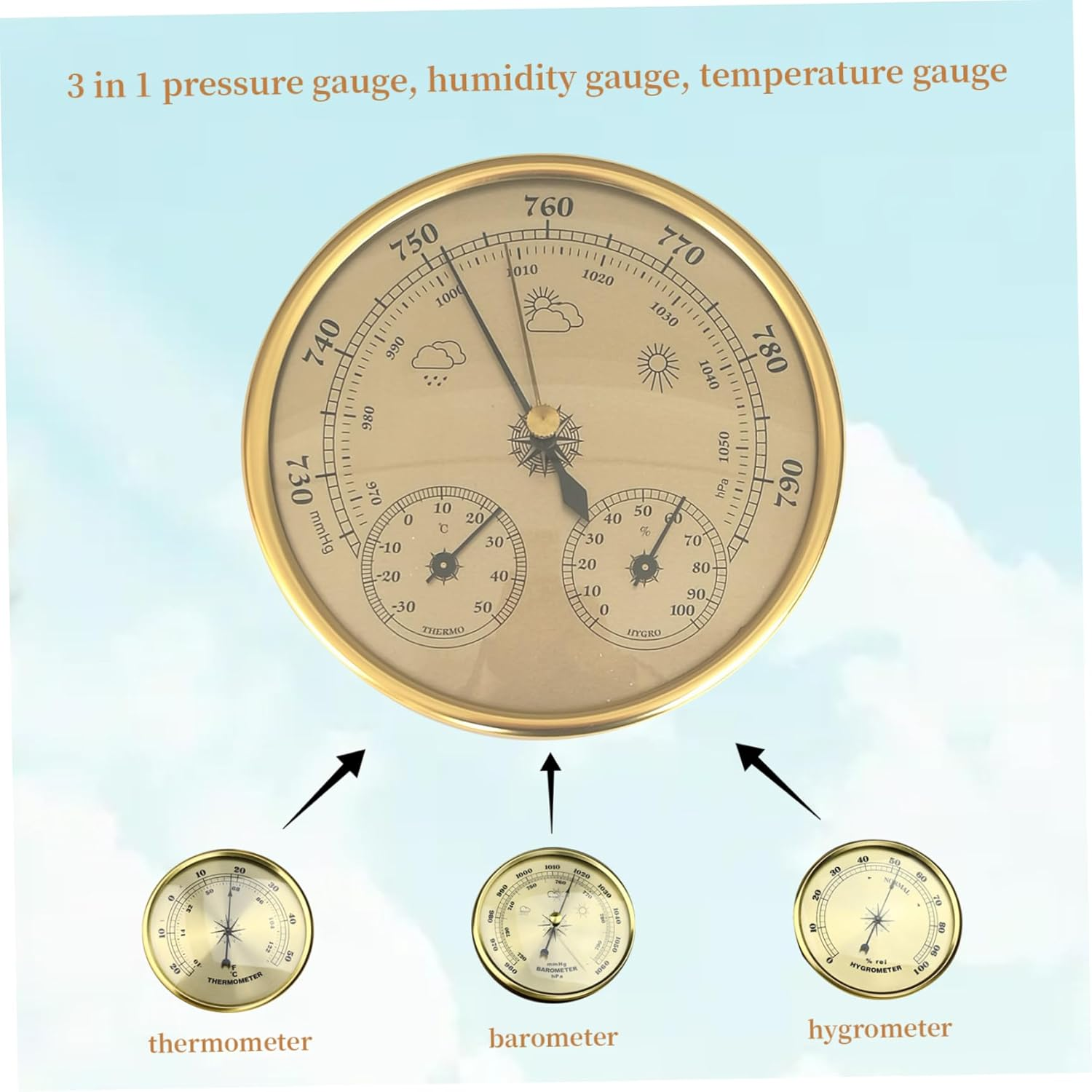 3 in 1 Barometer Indoor Metal Barometer Thermometer Hygrometer Golden Weather Barometer with Temperature Humidity Weather Station 5 Inch in Dia for Indoor Outdoor Weather Barometer- image number 4