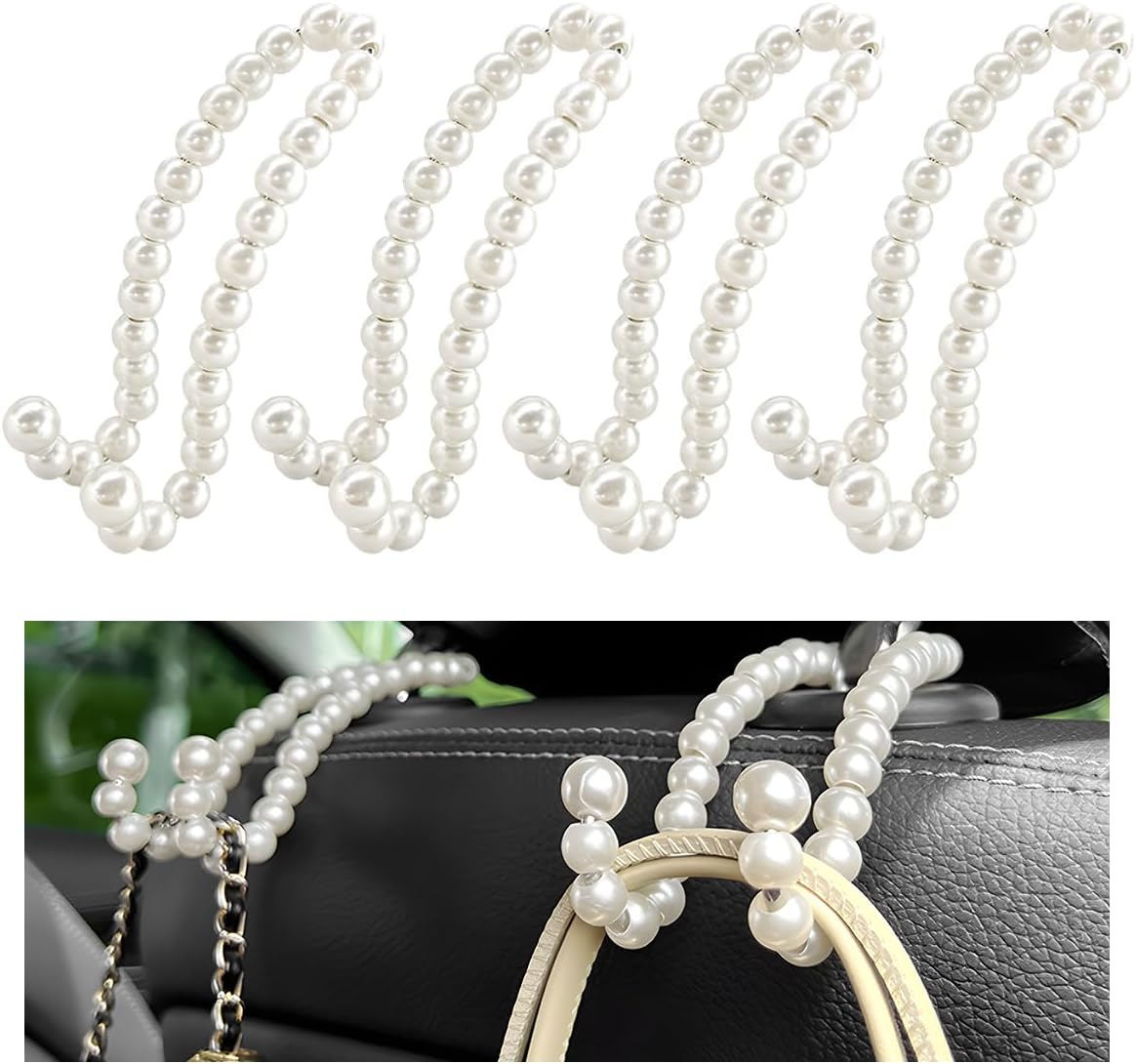 2 PCS Elegant Pearl Car Seat Headrest Hook, Cute Car Seat Hook Hanger Storage Organizer for Handbag Purse, Interior Decoration Headrest Hanger for Women Girls, Car Accessories