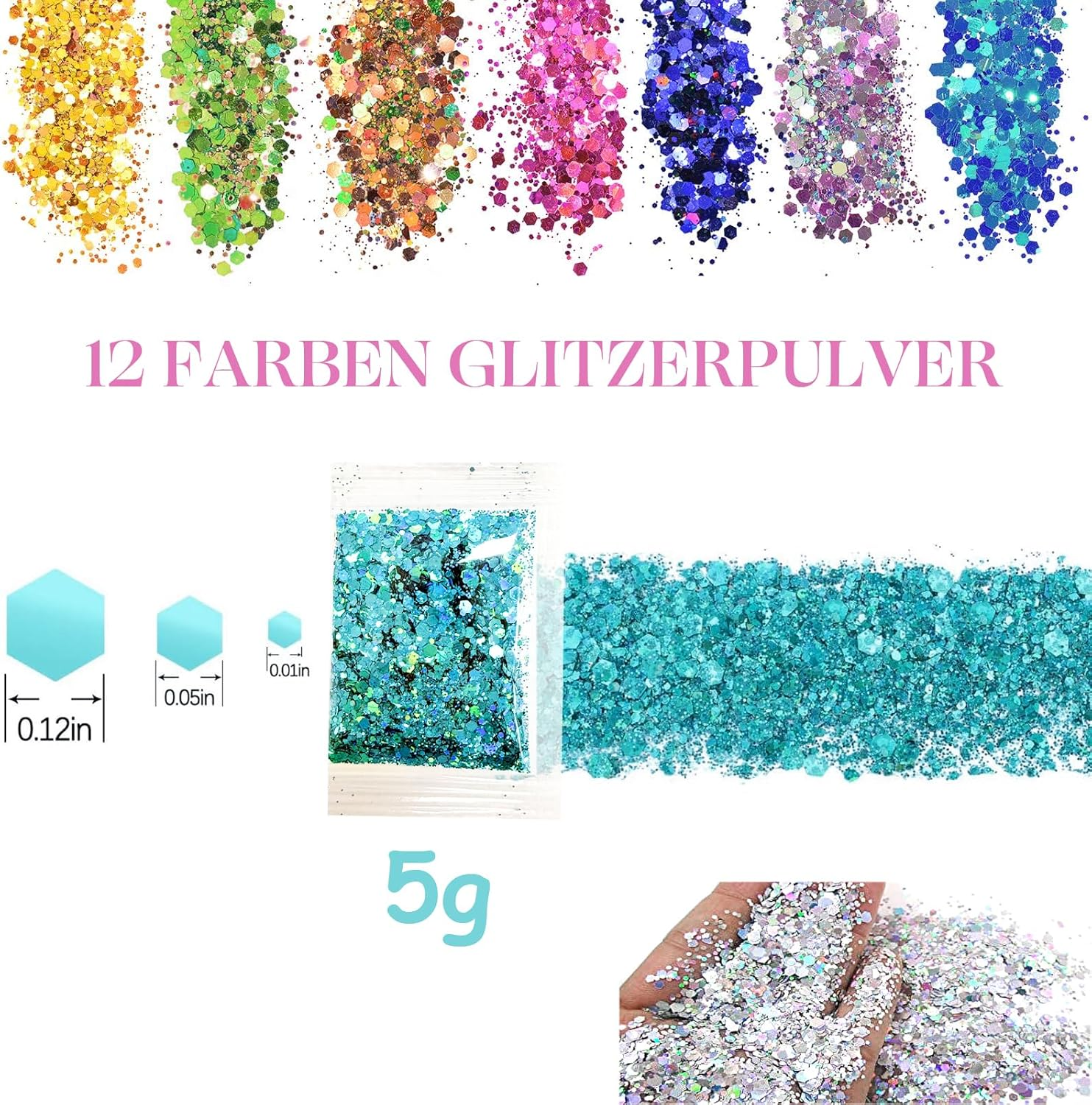 Ovaletta 12 Colours Glitter Powder for Crafts, Face, Nails, Body, Slime, Nails, Birthday Party - 12 Grams (0.066 Kg) - Hexagonal - Assorted Rainbow Colours (Red, Pink, Blue, Green, Gold, Purple) - Gold image number 4