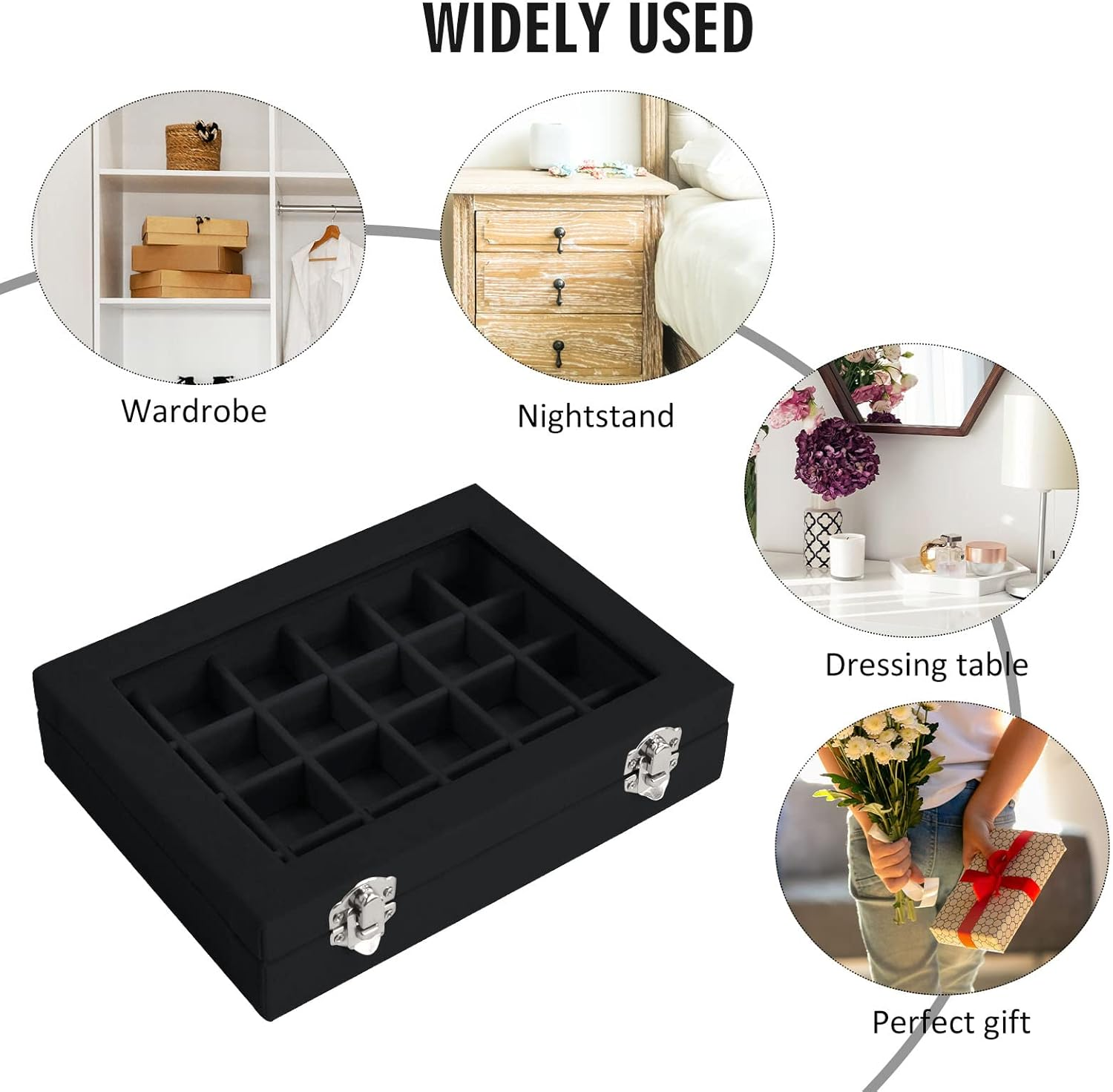 Velvet Jewelry Box 24 Grid Jewelry Ring Display Organiser Box Tray Holder Earrings Storage Case for Girls Wife Mom Women (Black) - Gray image number 6