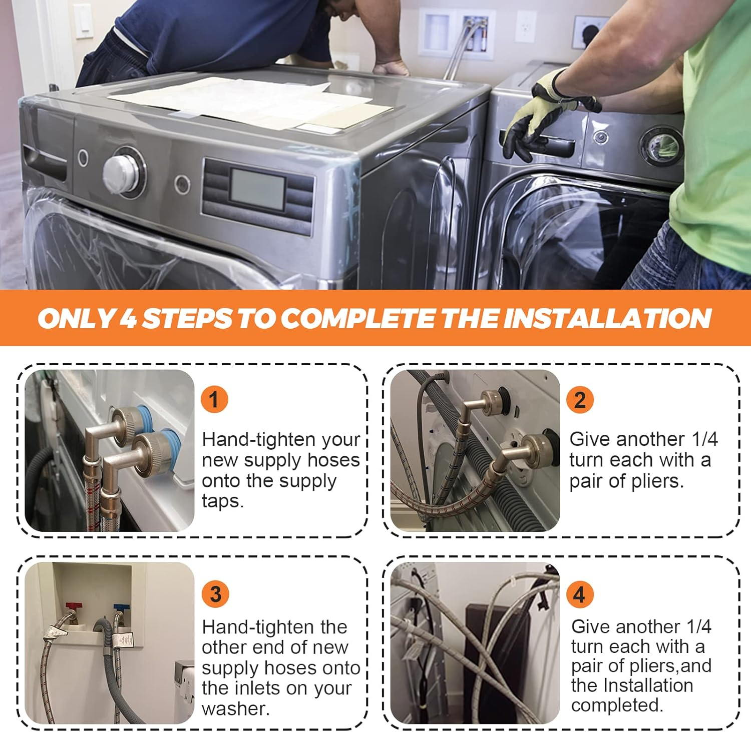 【UPGRADED】4FT Stainless Steel Washer Hoses with 90 Degree Elbows by Beaquicy - 2 Pack No-Lead Burst Proof Hot & Cold Water Connection Inlet Washer Supply Lines