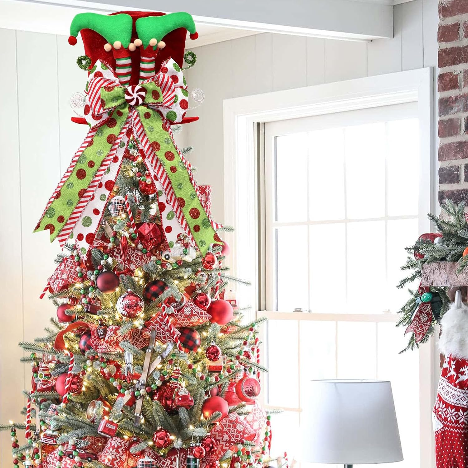 Christmas Tree Topper Hat with Bow, Red Velvet Top Hat Ornament with Elf Legs and Red & Green Polka Dot Bow, Winter Holidays Xmas Decor for Home Decoration image number 2