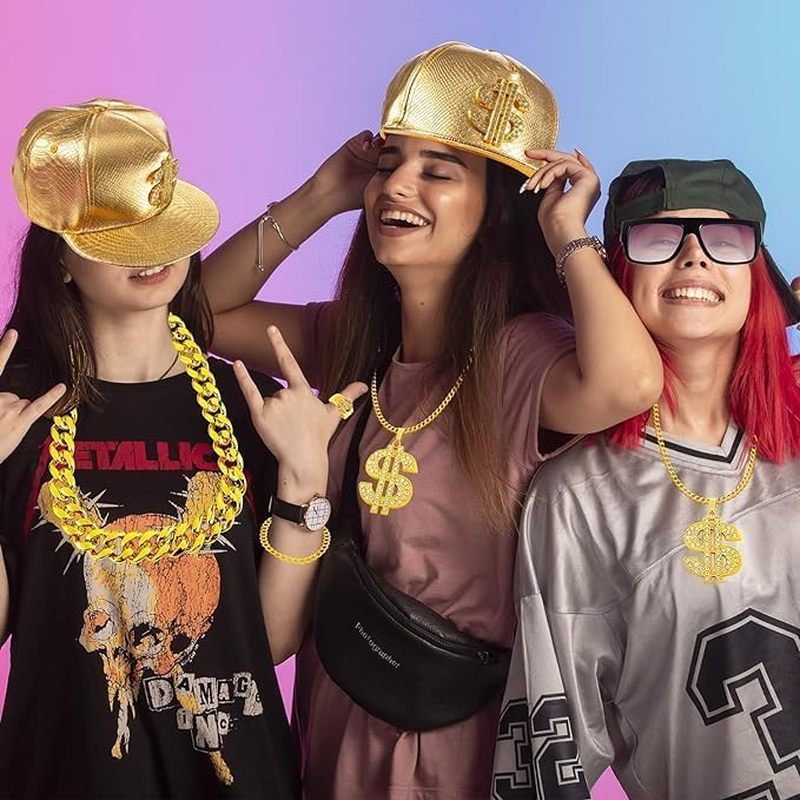 6Pcs Hip Hop Costume Kit, 80S 90S Rapper Costume, Fancy Dress Hippie Fake Chains and Hats for Halloween Party Cosplay Props Rapper Fancy Dress Carnival Accessories image number 6