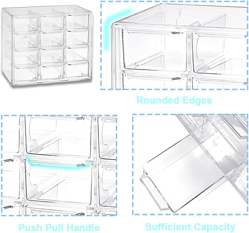 Clear Acrylic Desk Organizer with 12 Mini Stackable Drawers - Perfect for Makeup, Jewelry, Crafts & Office Supplies, Includes Sticker Labels (2) image number 6