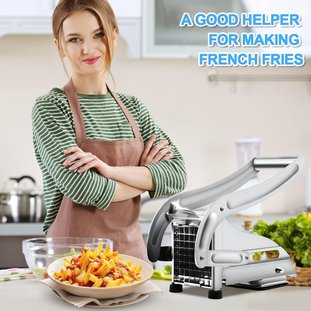French Fry Cutter with 2 Blades, Professional Potato Cutter Stainless Steel, Potato Slicer French Fries, Press French Fries Cutter for Potato image number 5