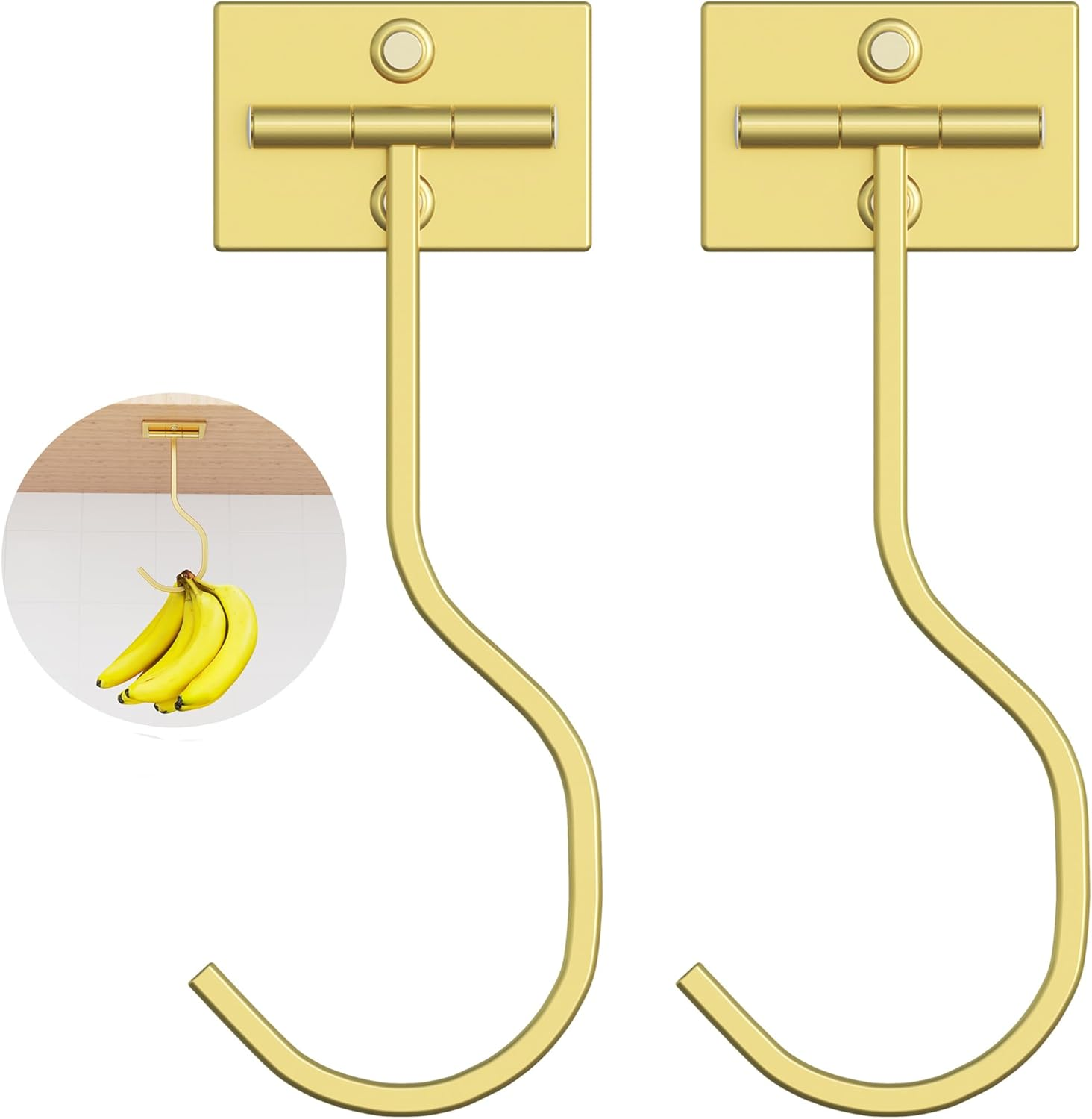 2-Pack Self Adhesive Banana Hook, Metal Banana Hanger Hook,Under Cabinet Hook for Bananas or Kitchen Items, Foldable Banana Hook, Folds up with Magnets When Not in Use, Keep Bananas Fresh, Silver