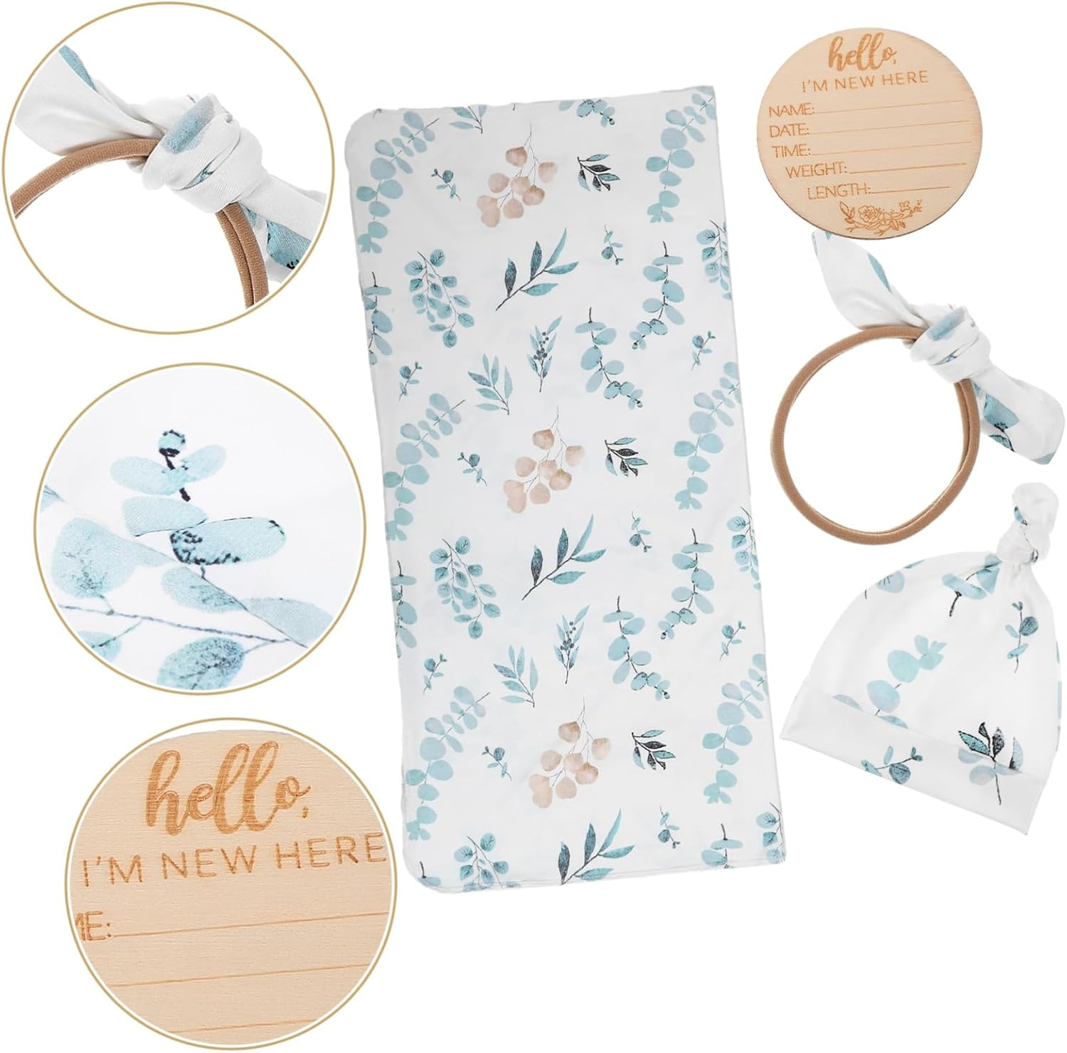 4-Piece Newborn Swaddle Set with Hat and Headband Eucalyptus Leaves Soft Cotton Receiving Blanket for Baby Girls image number 5