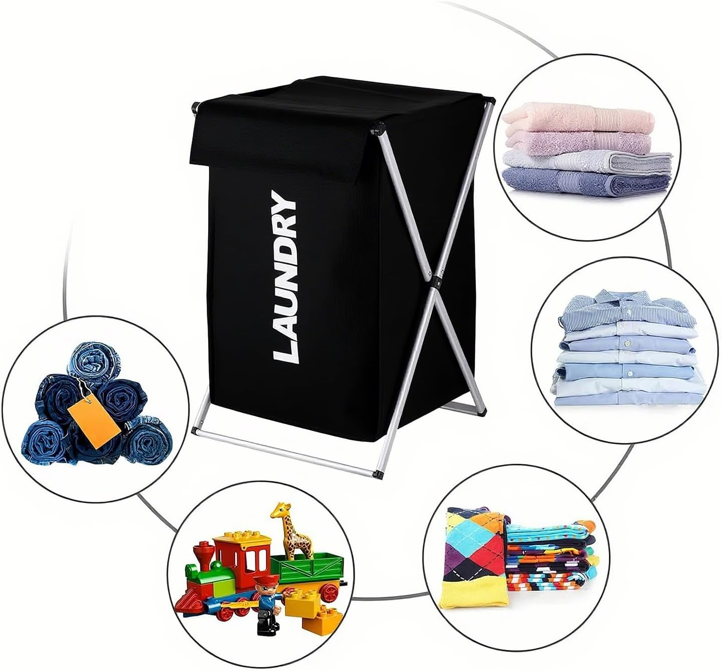Foldable Laundry Hamper: Laundry Basket Clothes Hamper Aluminum X-Frame Foldable for Bathroom Bedroom Home Black image number 4