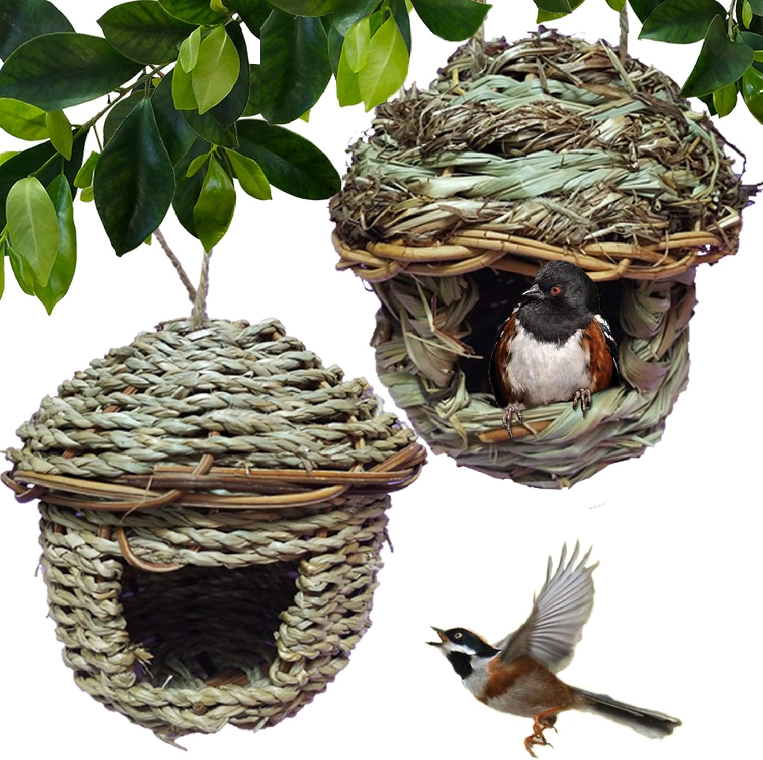 Hand-Woven Teardrop Shaped Eco-Friendly Birds Cages Nest Roosting,Grass Bird Hut,Hanging Bird House,Cozy Resting Place,100% Natural Fiber,Ideal for Birds - Provides Shelter from Cold Weather image number 1