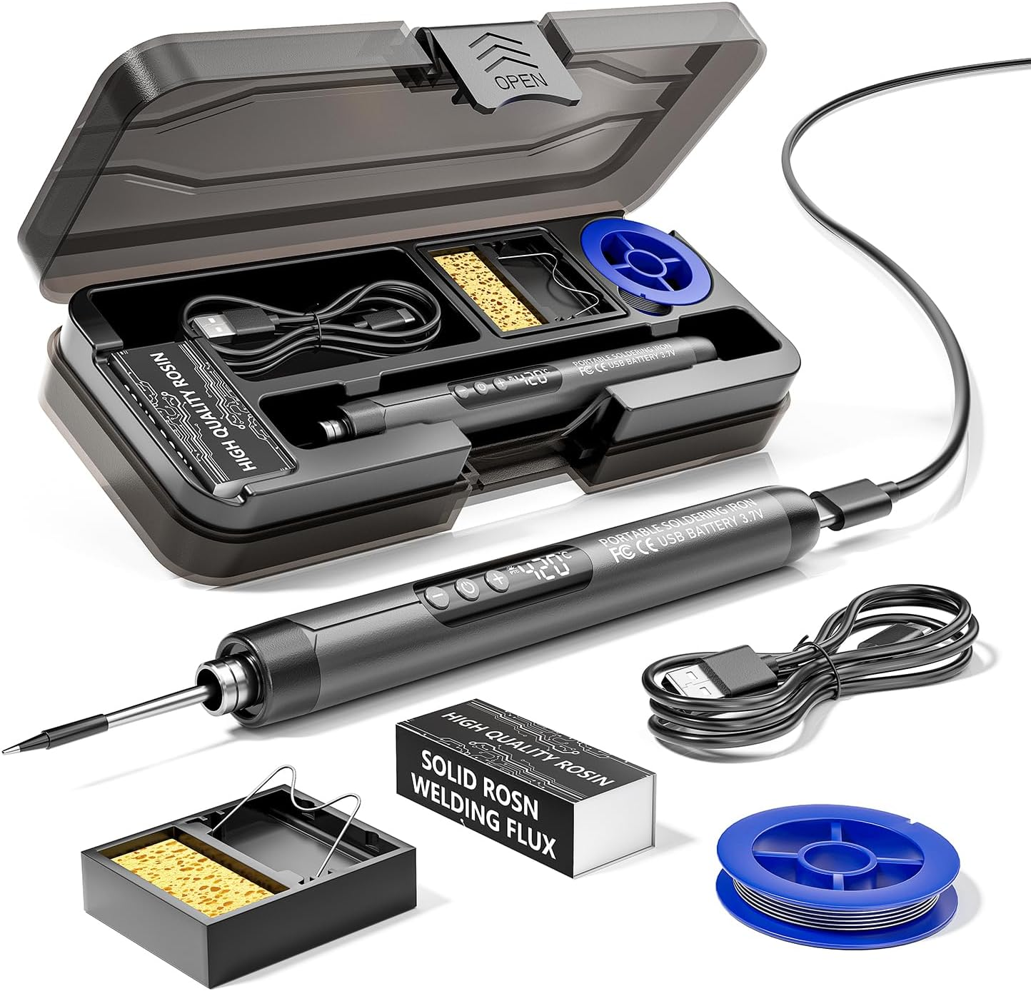 Soldering Iron Kit - Cordless USB Rechargeable Soldering Iron with 3-Speed Temperature Adjustment, Portable Heating Core, Soldering Iron Cord, Rosin, Soldering Iron Stand & Storage Box (Orange)