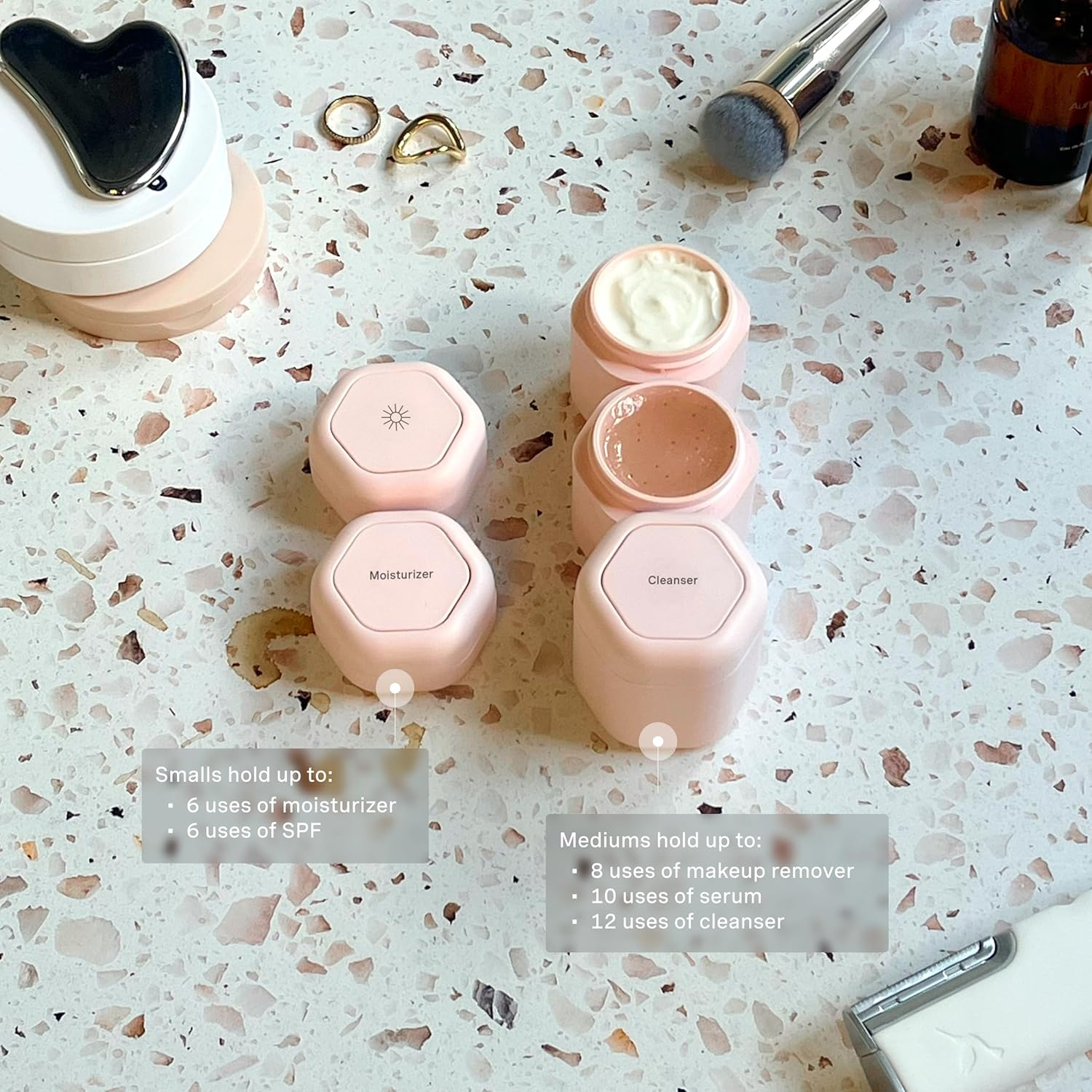 Cadence Travel Containers - Core Skincare Set - Magnetic Containers with Lids,2 Small (0.56Oz) & 3 Medium (1.32Oz) - Cleanser, Moisturizer, Serum, Makeup Remover & Sun Icon Labels - Petal