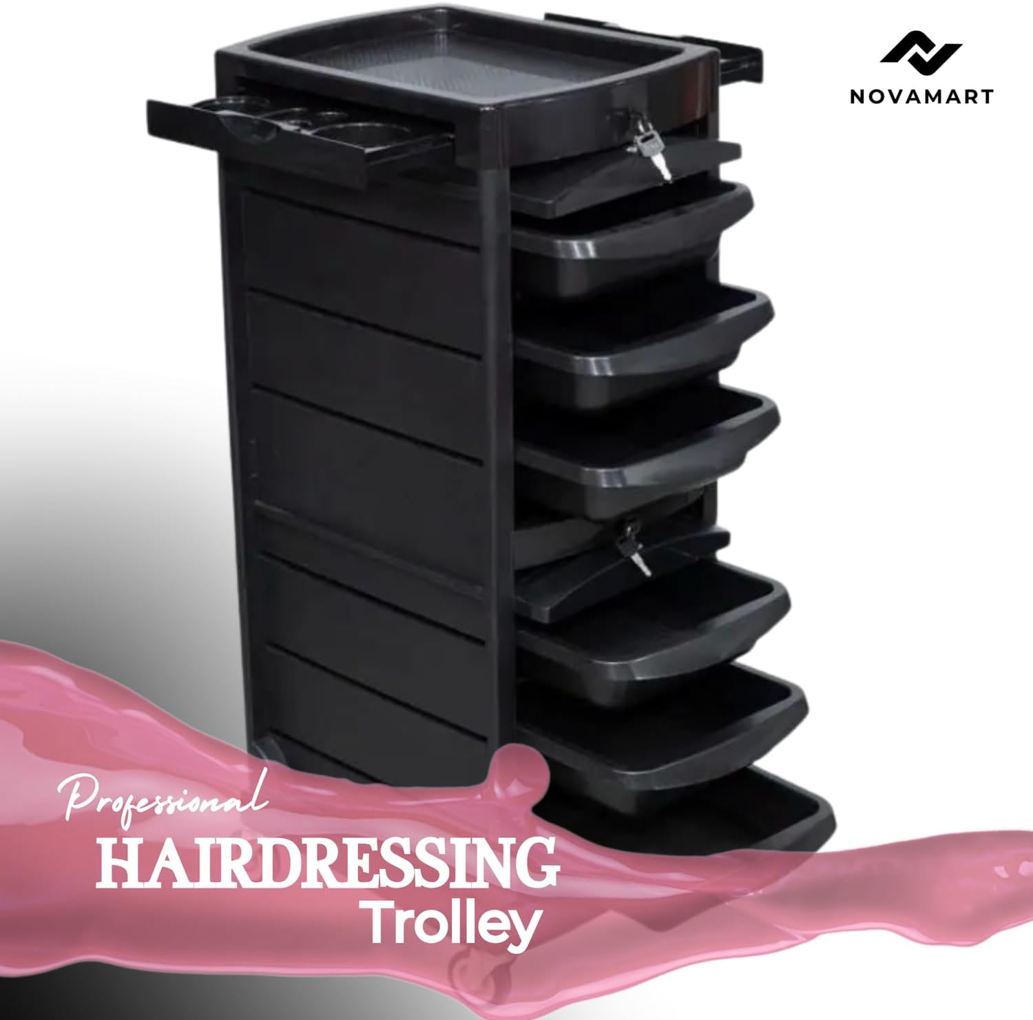 NOVAMART Hairdressing Trolley with 6 Lockable Trays & 2 Tray Holders &ndash; Salon Rolling Cart with Ample Storage, Easy Assembly & Multi-Compartment Design for Barber, Spa & Beauty Accessories image number 2