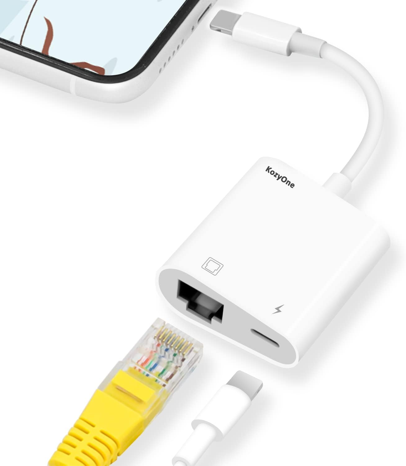 Kozyone 2 in 1 Light-Ning to RJ45 Ethernet Adapter, 10Mbps/100Mbps RJ45 Ethernet Adapter with Charging Port, Compatible with I-Phone/Ipad/Ipod, Fast and Stable for Online Gaming and Video Watching image number 2