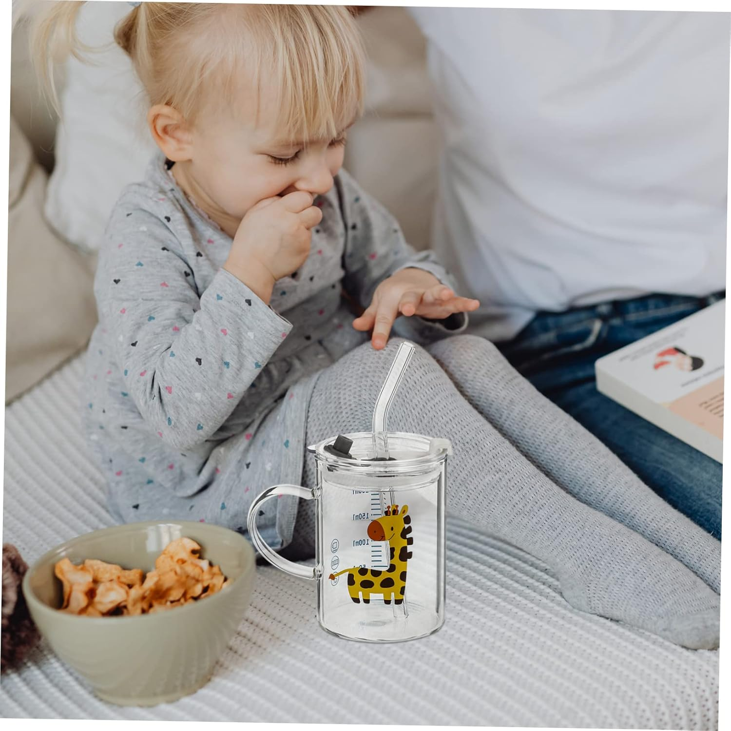 COLLBATH Cartoon Water Cup for Kids 250Ml Glass Straw Cup Deer Pattern Comfortable to Hold Microwave Safe Multi-Functional image number 4