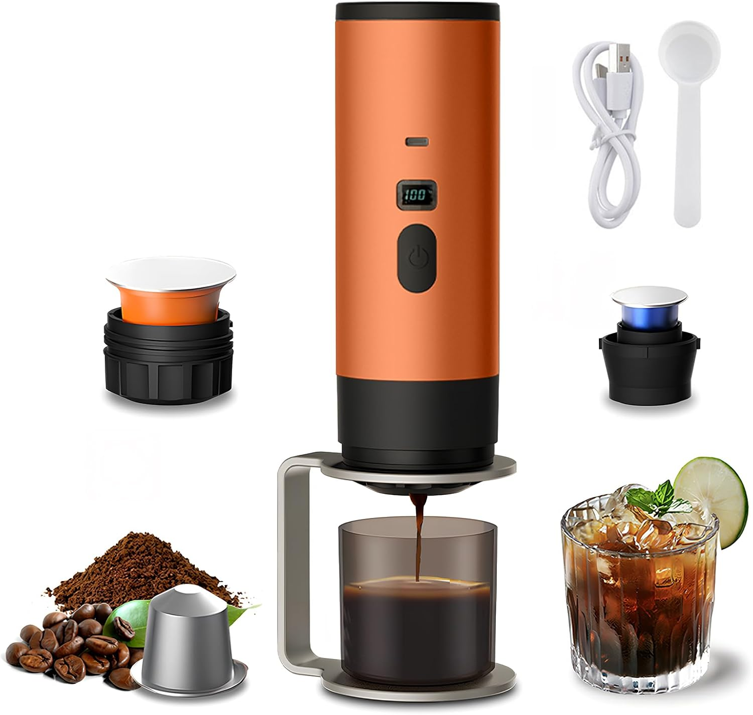 Portable Espresso Machine,Usb Rechargeable Cordless Travel Coffee Maker,20Bar Self Heating Espresso Coffee Machine,Compatible with NS Capsules & Ground Coffee for Camping, Hiking, Office (Orange)