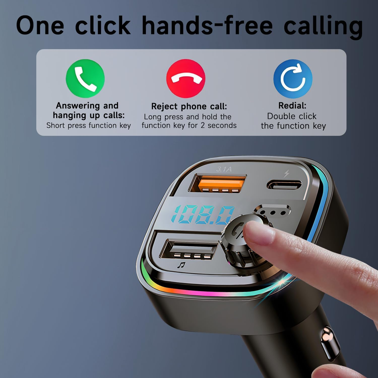 QUMOX Bluetooth FM Transmitter for Car, C26 Model, Hands-Free Calling, USB-C Fast Charging, 7-Color Ambient Light, Support MP3/WAV/FLAC, Dual USB Ports, Compatible with 12V&ndash;24V Vehicles image number 2