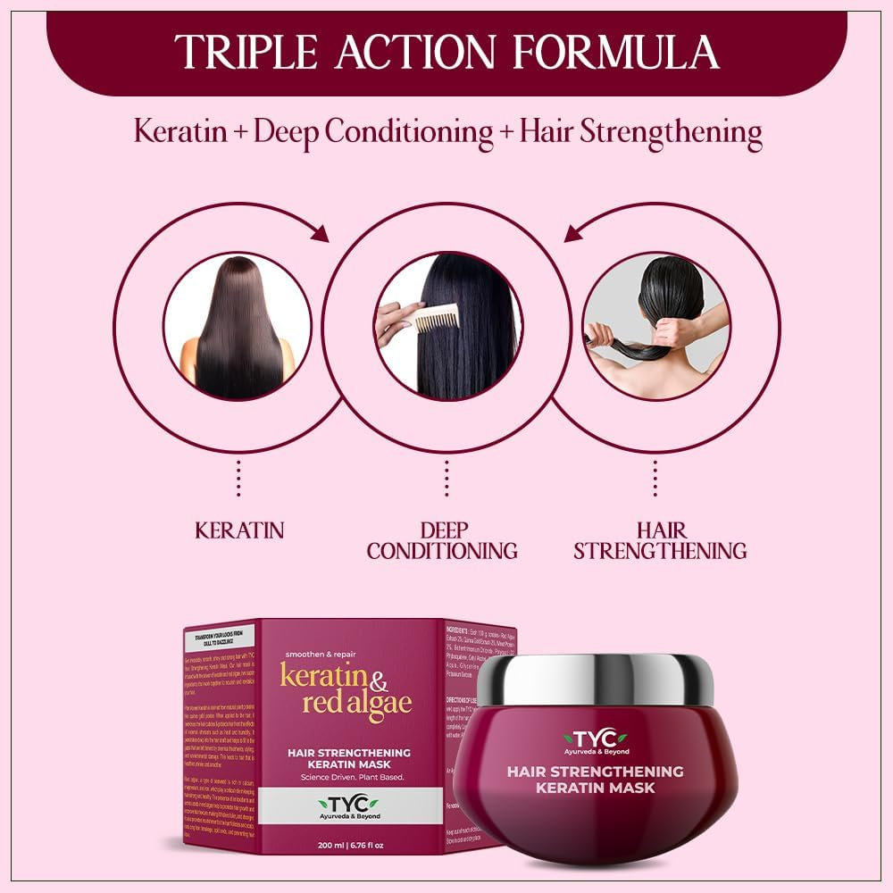 TYC Hair Strengthening Keratin Mask for Dry Damaged Frizzy Hair Repair with Red Algae and Plant Keratin | Provides Deep Conditioning Quantity - 200 ML (Pack of 1) image number 3