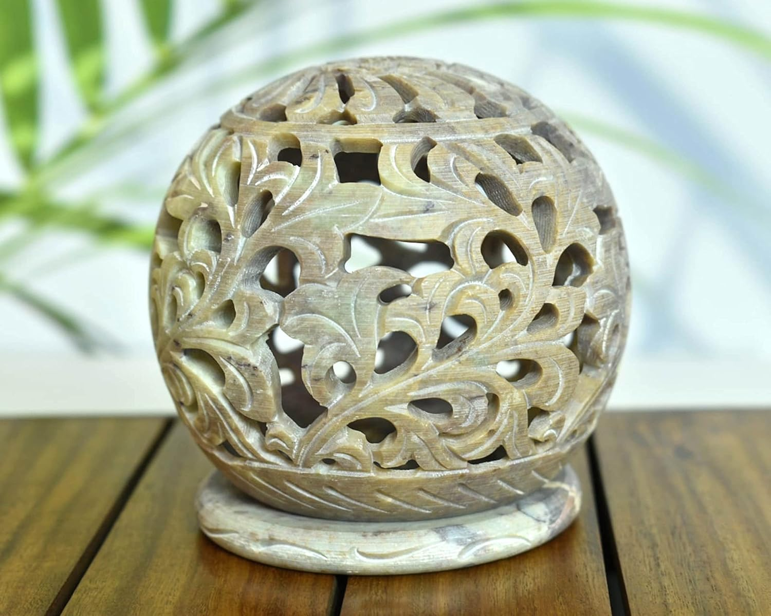 India House Hand-Carved Soapstone Tealight Holder or Incense Burner&ndash; Decorative Rosette Top Votive Candle Lantern for Home, Kitchen, and Office Table Decor &ndash; Ethnic Handmade Accent Token of Love