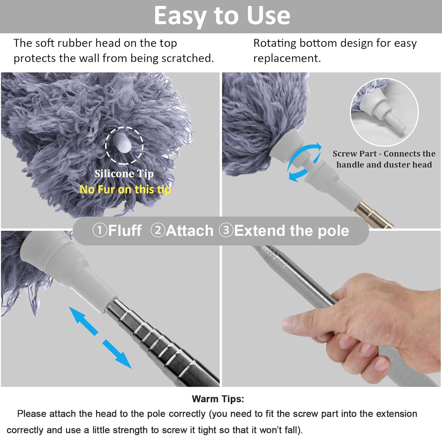 DELUX Microfiber Feather Duster Extendable Cobweb Duster with 100 Inches Extra Long Pole, Bendable Head & Scratch-Resistant Hat for Cleaning Ceiling Fan, High Ceiling, Blinds, Furniture & Cars image number 5