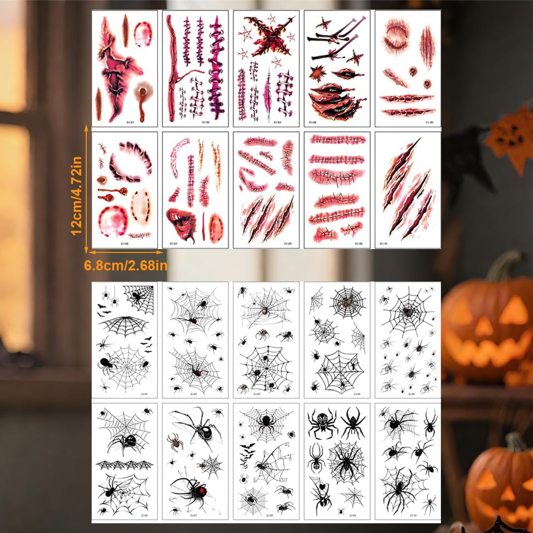 ZORVYN 20 Sheets Halloween Tattoos, Scary Face Stickers, Vampire Zombie Devil Accessories, Scars Wounds Bat Face Tattoo, Adults Children Costume Accessories Motifs image number 2