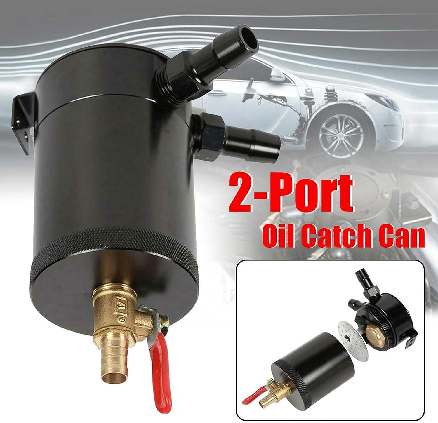 Universal Oil Catch Can Compact Baffled 2-Port Aluminum Reservoir Oil Catch Tank with Drain Valve Tank Parts image number 4