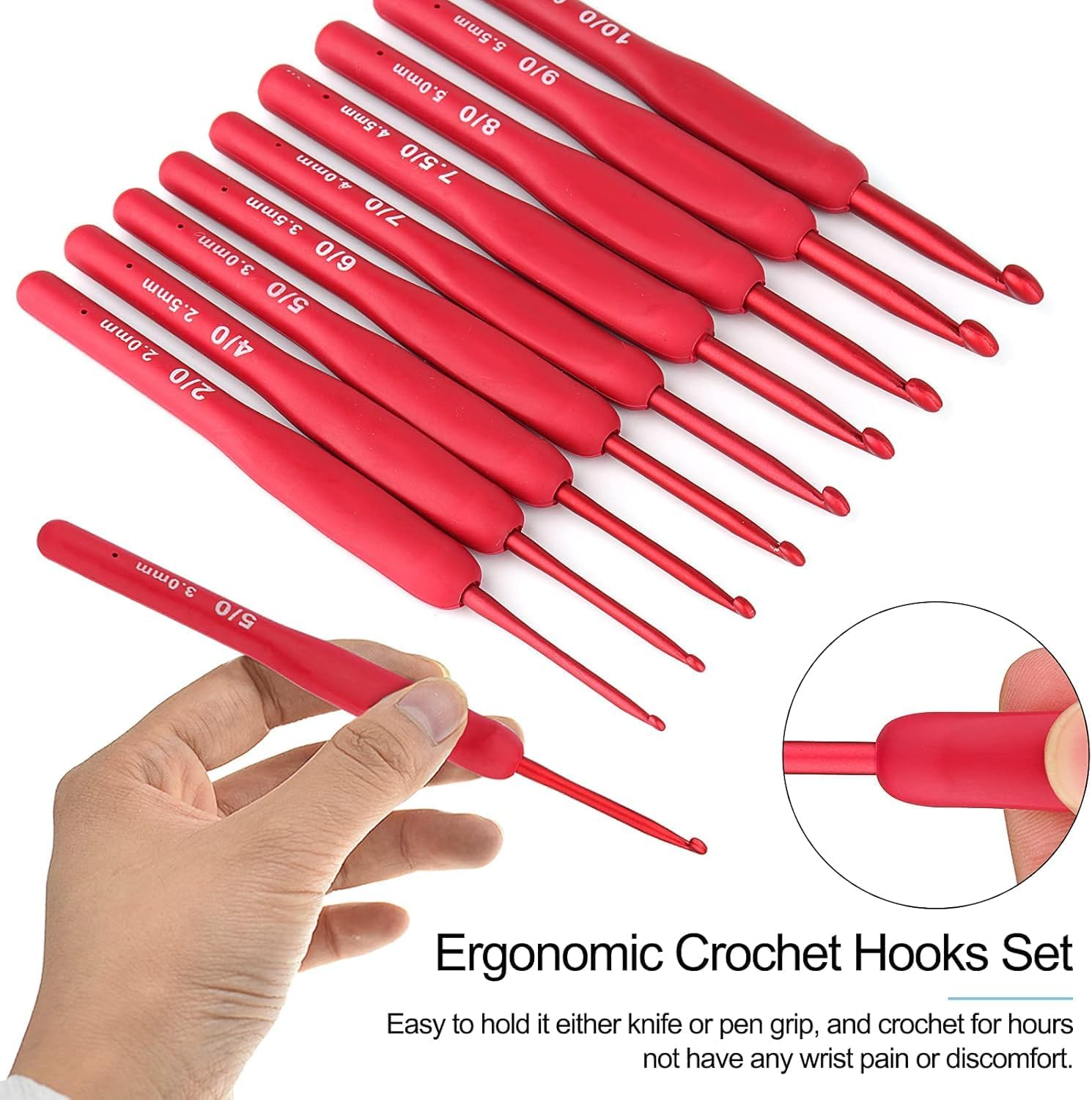 9Pcs Premium Ergonomic Crochet Hooks Set with Soft Grip Handles &ndash; Arthritis-Friendly Knitting Needles for Seniors & Beginners, Extra-Long Aluminum Hooks (2.0Mm-6.0Mm) image number 4