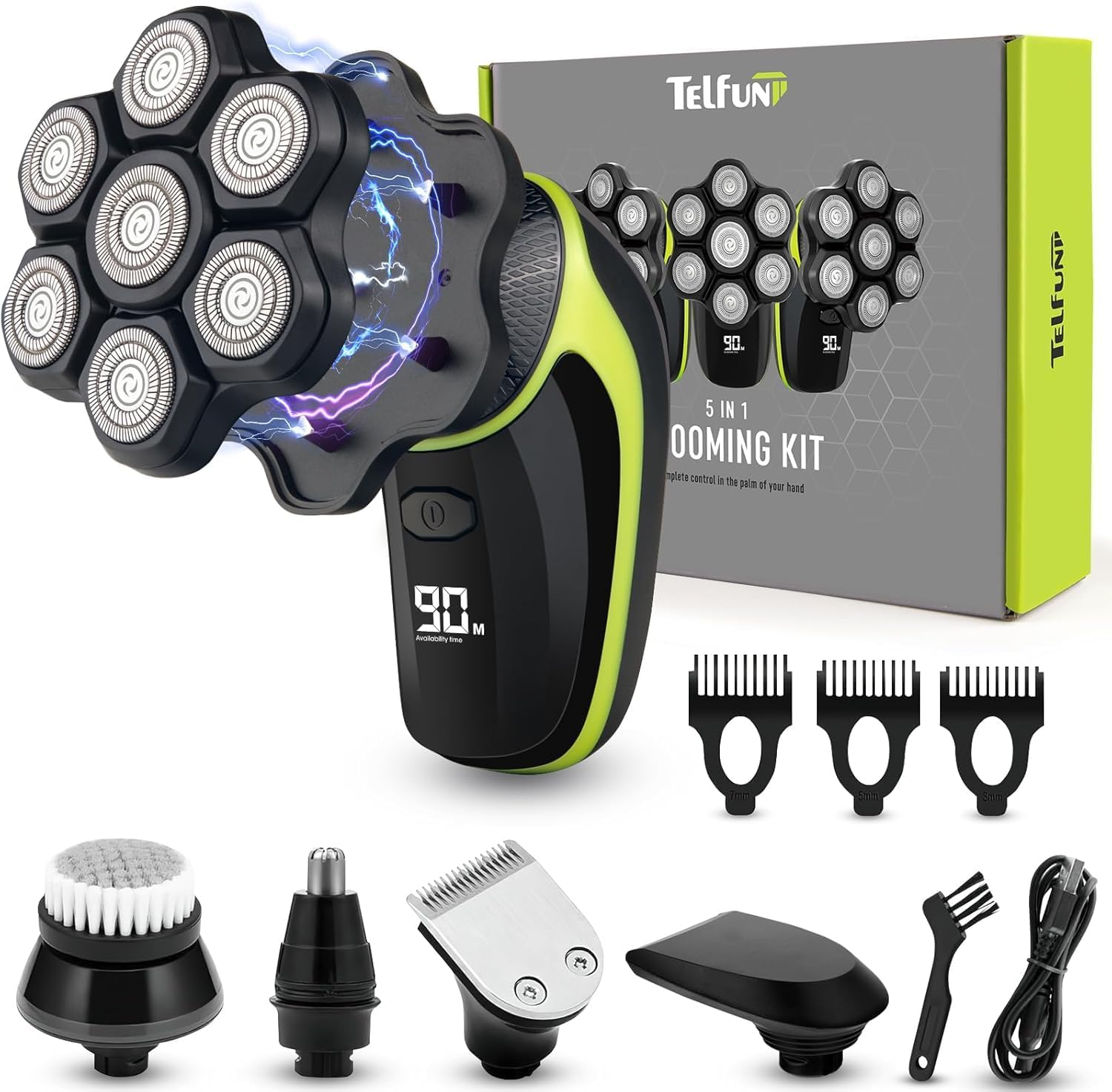 Detachable 7D Head Shavers, Telfun 5-In-1 Electric Razor IPX7 Waterproof for Bald Men, Wet/Dry LED Display Rechargeable 7D Rotary Shaver Grooming Kit with Type-C Charge