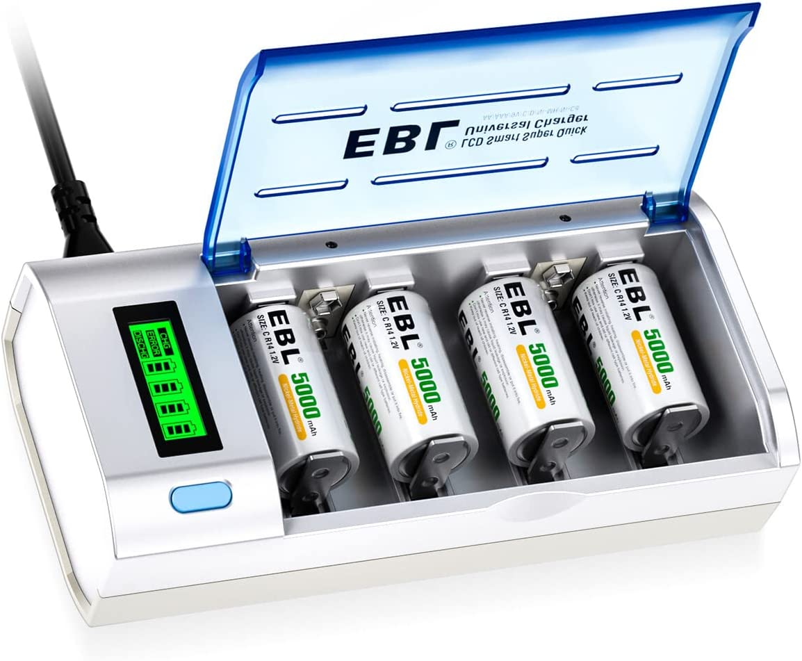 EBL C Cells Rechargeable Batteries 4 Pack with Smart Battery Charger for C D 9V AA AAA Ni-Mh Rechargeable Batteries image number 1