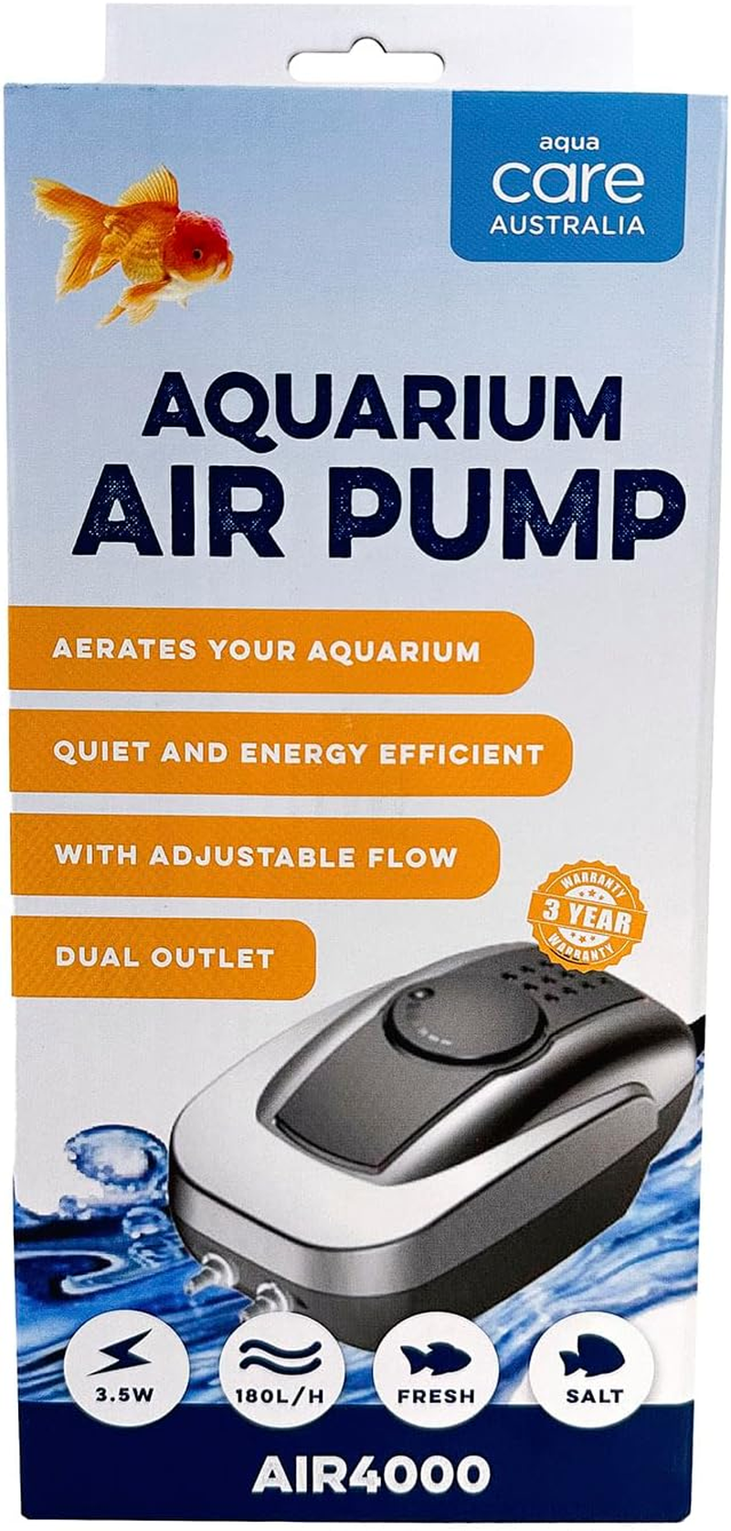 Aqua Care Aquarium Air Pump AIR4000 - Adjustable Flow, Suitable for Salt and Freshwater Fish Tanks, Quiet Operation, Flow Rate: 180L/H, 3-Year Warranty, Powerful Aquarium Air Bubbler, Grey