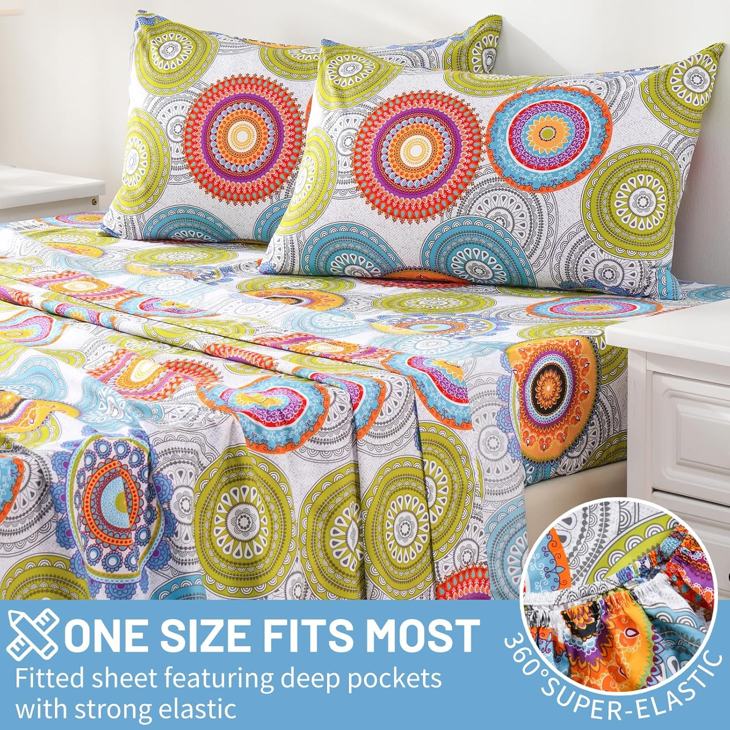 Bedlifes King Size Extra Deep Pocket Sheet Sets - Fits Mattresses up to 18-24" Thick, 4-Piece Microfiber Set with 1800 Thread Count, Soft, Smooth, Breathable, Featuring Mandala Patterned image number 4