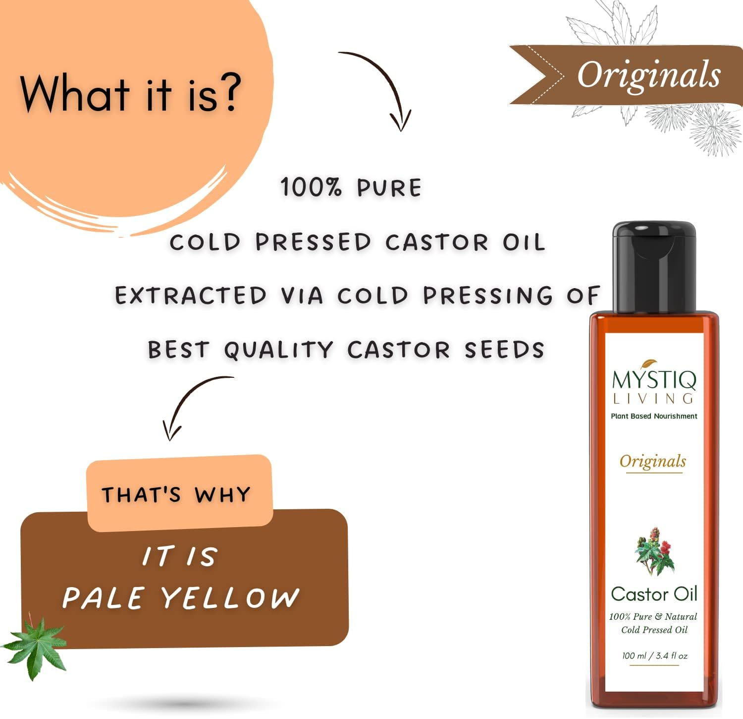 Mystiq Living Originals - Castor Oil, 100ML | Cold Pressed, 100% Pure & Natural | Hair Growth, Skin Care, Moisturising Dry Skin, Nails, Eyelashes - Virgin Grade