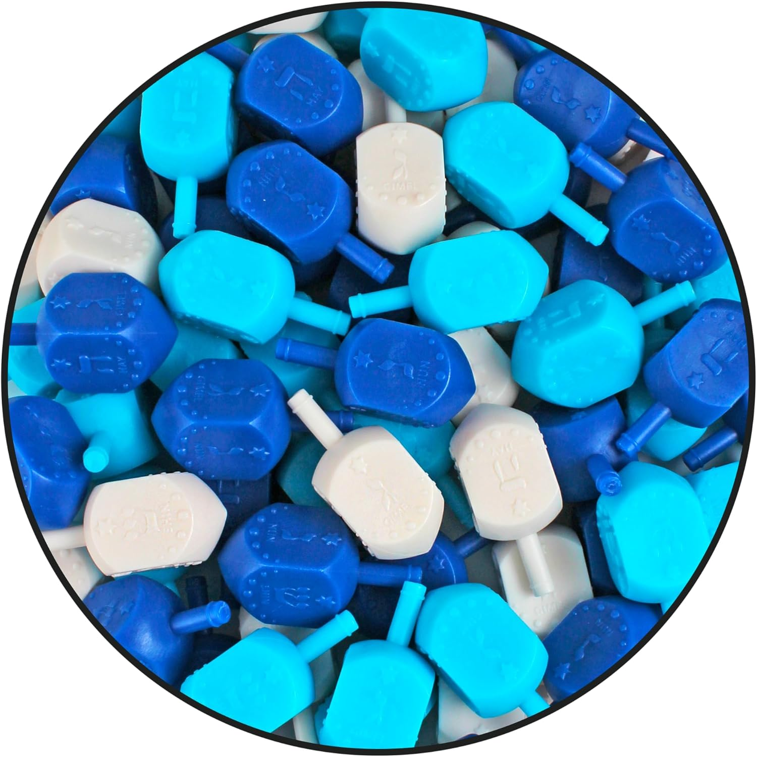 Zion Judaica Hanukkah Dreidels Multi Blue, White Medium Size Dridels Bulk Plastic Drydlech Hebrew Letters and English Transliteration Includes Traditional Chanukah Game Guide Ziplock Bag Hanuka Fun image number 2