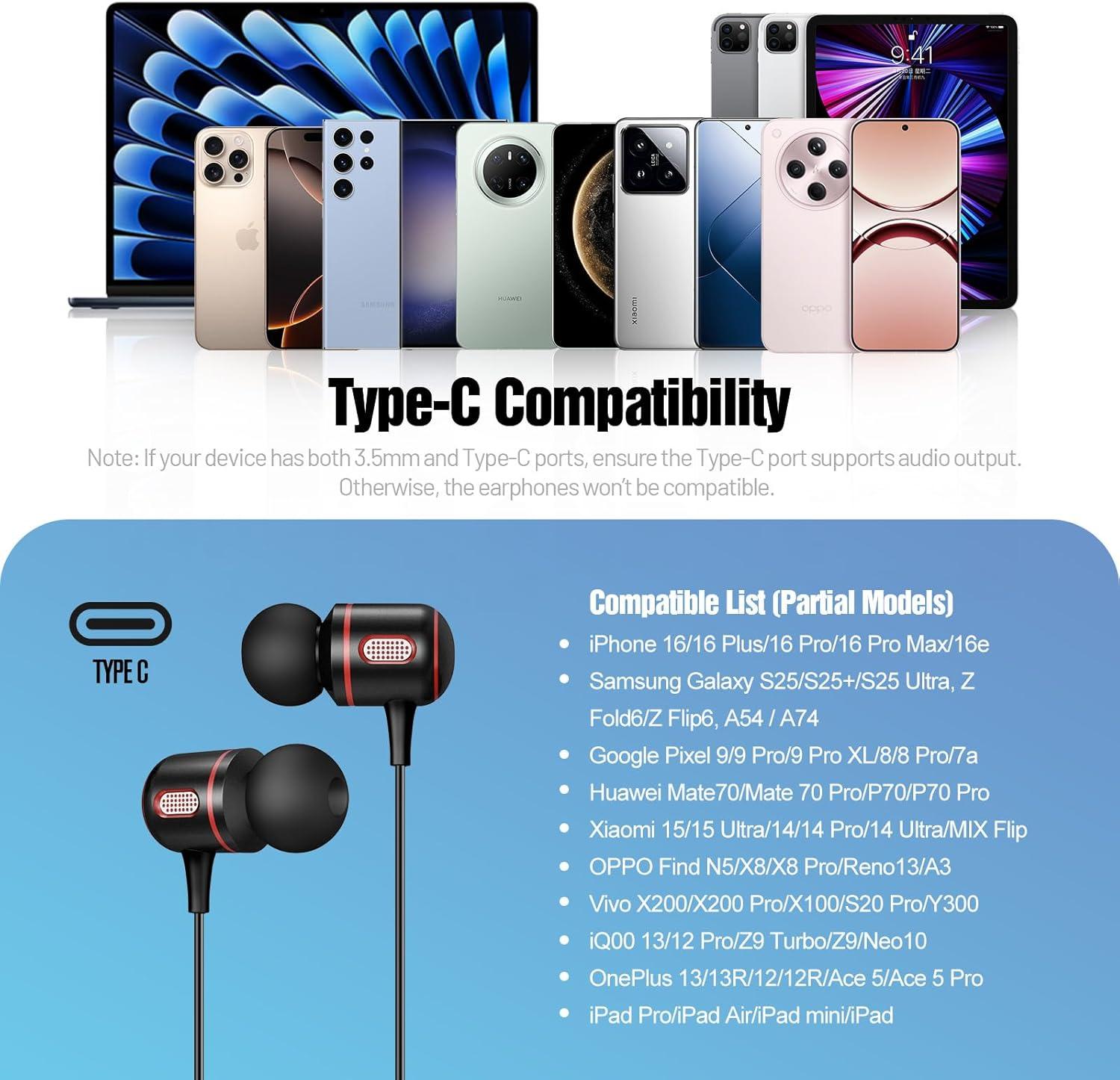 USB C Headphones Wired, In-Ear Type C Earbuds, Earphones with Microphone Volume Control Compatible with Iphone 15/16 Pro Max, Ipad Pro, Samsung Galaxy S25, Google Pixel 9/9 Pro, Huawei, Sony image number 1