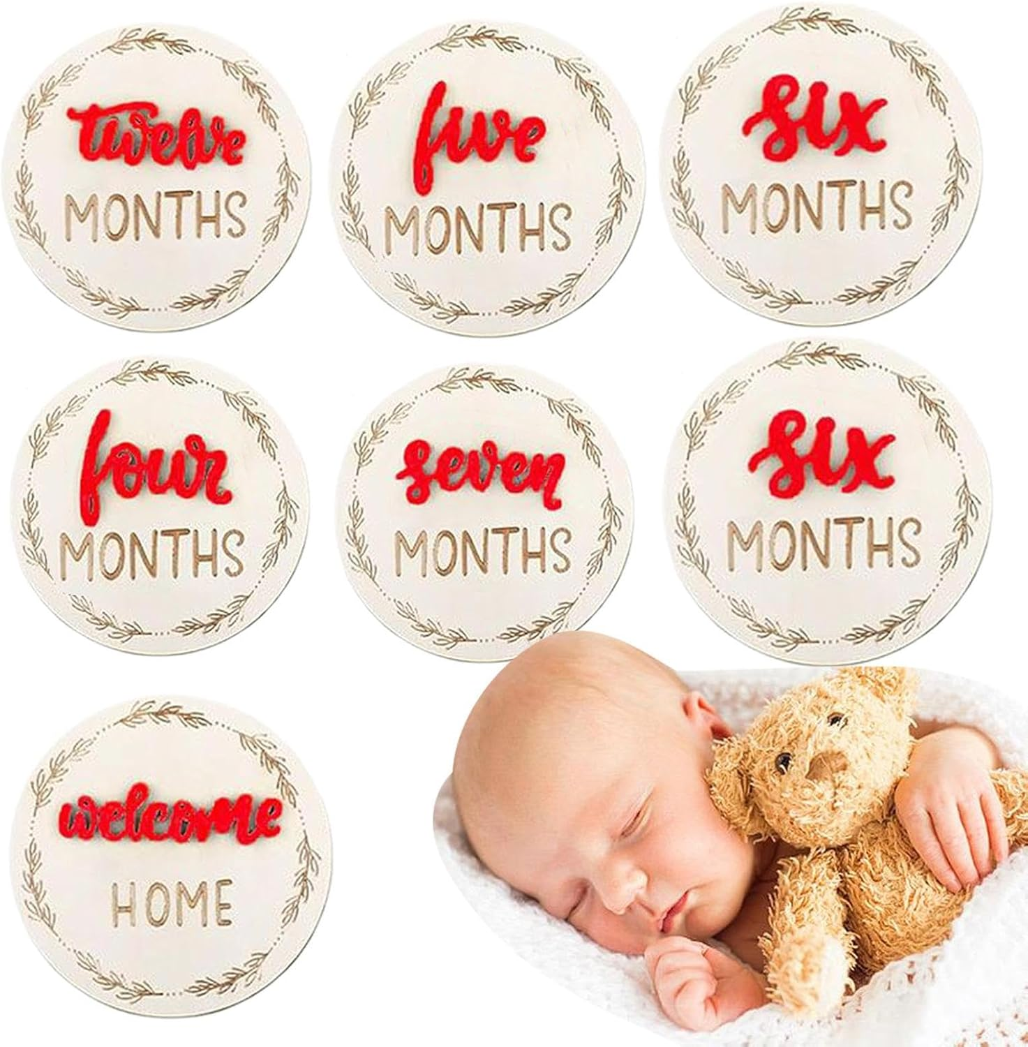 Baby Growth Indicators - Pack of 7 Wooden Picture Circles for Babies | Decorative Month Marker Discs Wooden Birth Growth Cards Photo Props