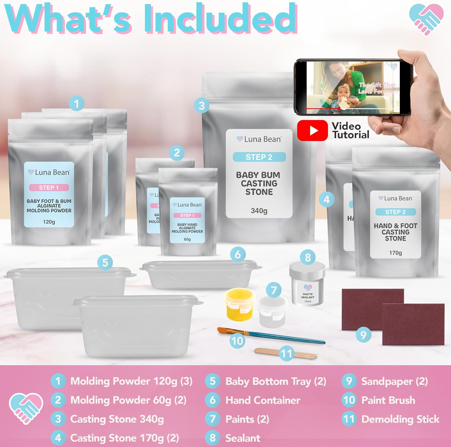 Luna Bean Deluxe Baby Keepsake Hand Casting Kit - Hand Mold Casting Kit for Infant Hand & Foot Mold - Baby Casting Kit for First Birthday, Christmas & Newborn Gifts - Includes Gold and Pearl Paint. image number 3