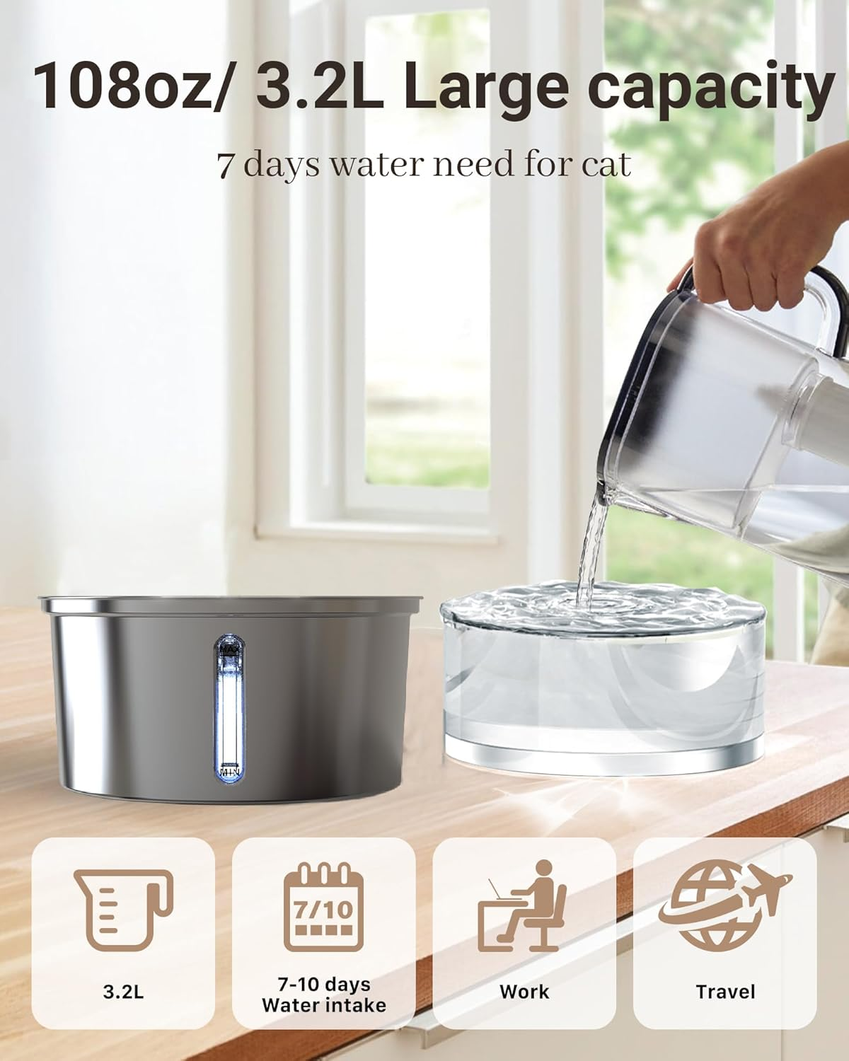 Wireless Cat Water Fountain Stainless Steel, 108Oz/3.2L Automatic Cat Fountain Battery Operated, Cordless Pet Water Fountain for Cats & Dogs with Motion Sensor, Ultra Quiet Pump, Multi-Filtration image number 3